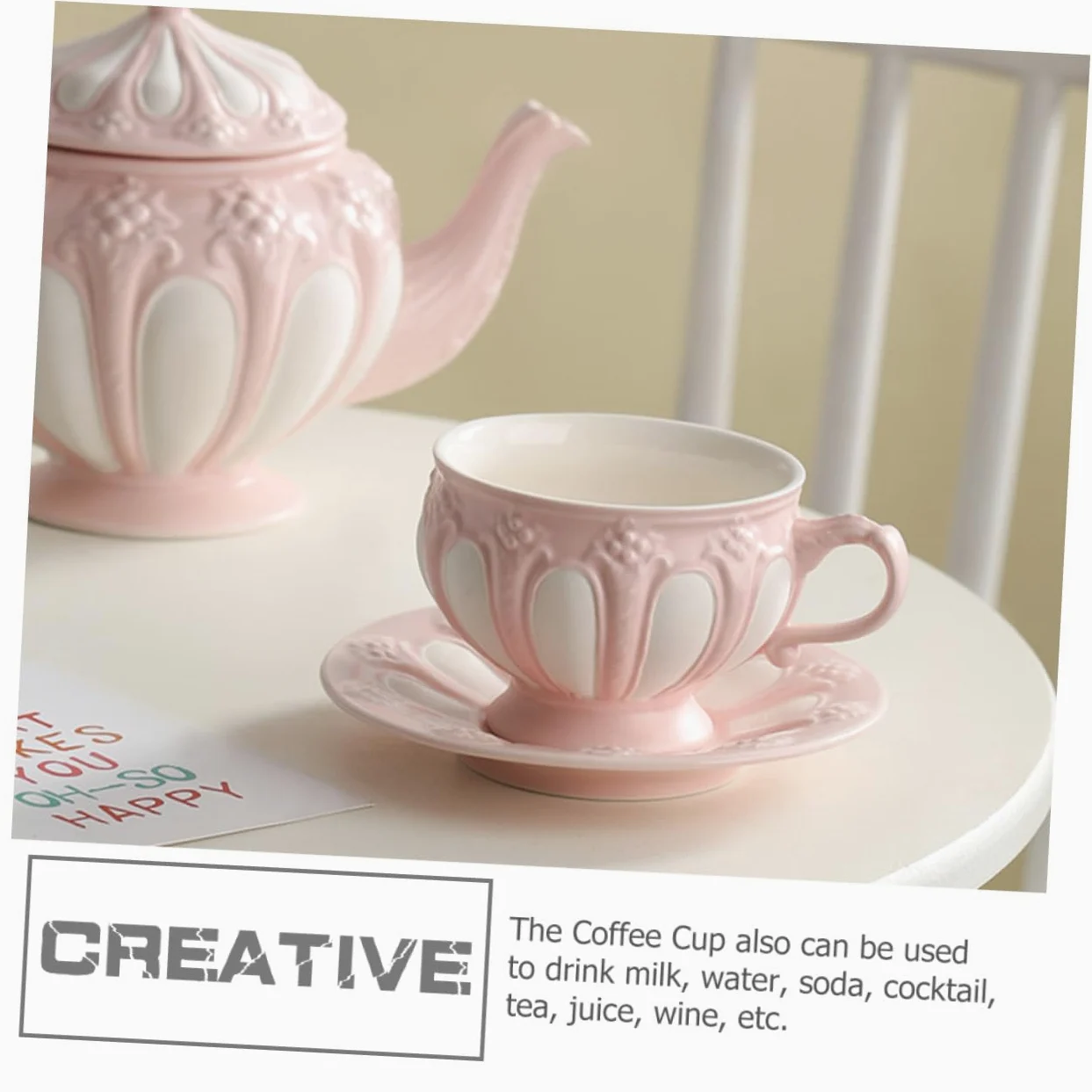 Juego de Tazas de Café Mango Ergonómico de Cerámica Diseño Europeo en Relieve y Color Rosa, Adecuado Hogar o Cafetería