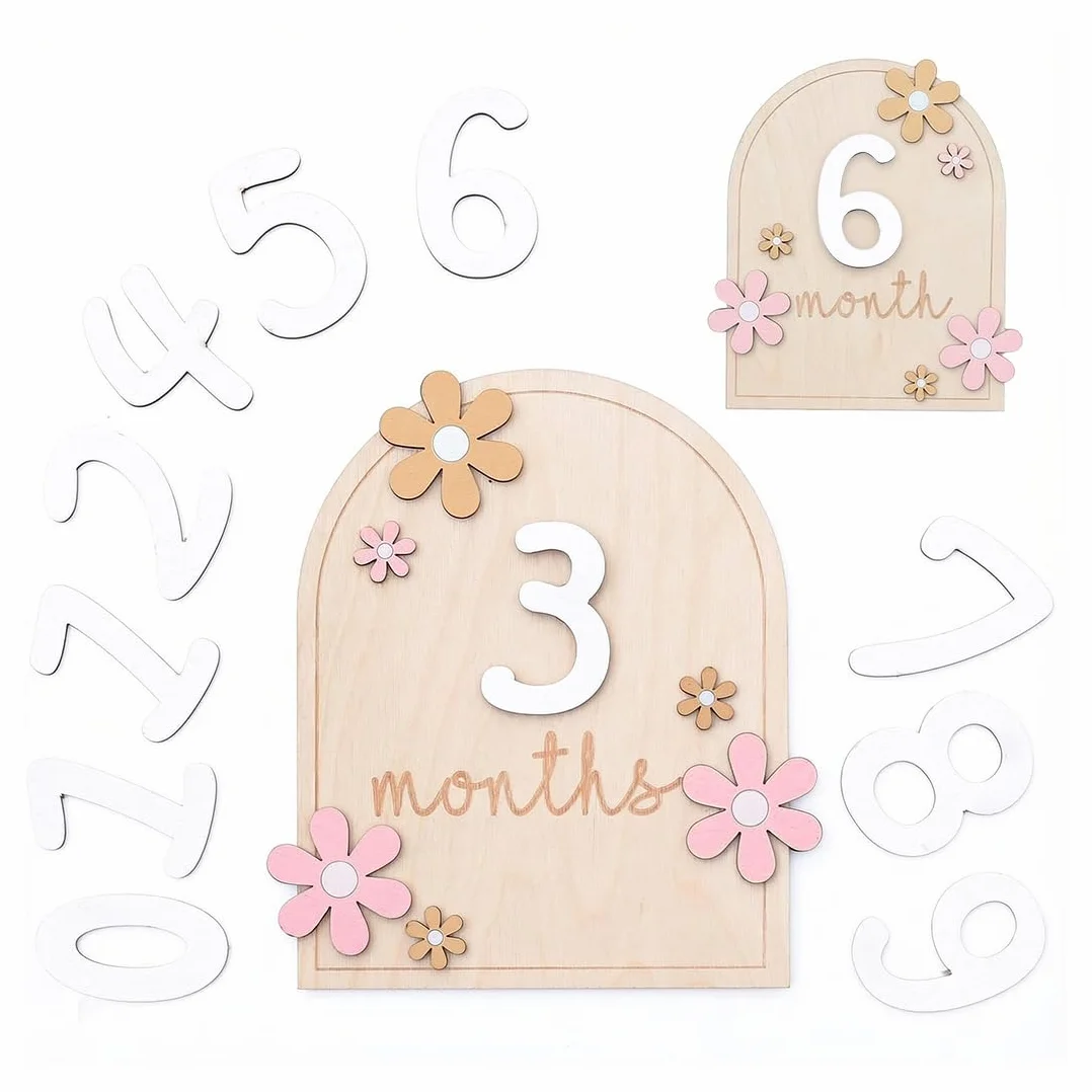 Tarjetas de Hitos Mensuales para Bebé 0-12 Meses, Estilo Floral de Madera, Accesorios para Fotos de Baby Shower