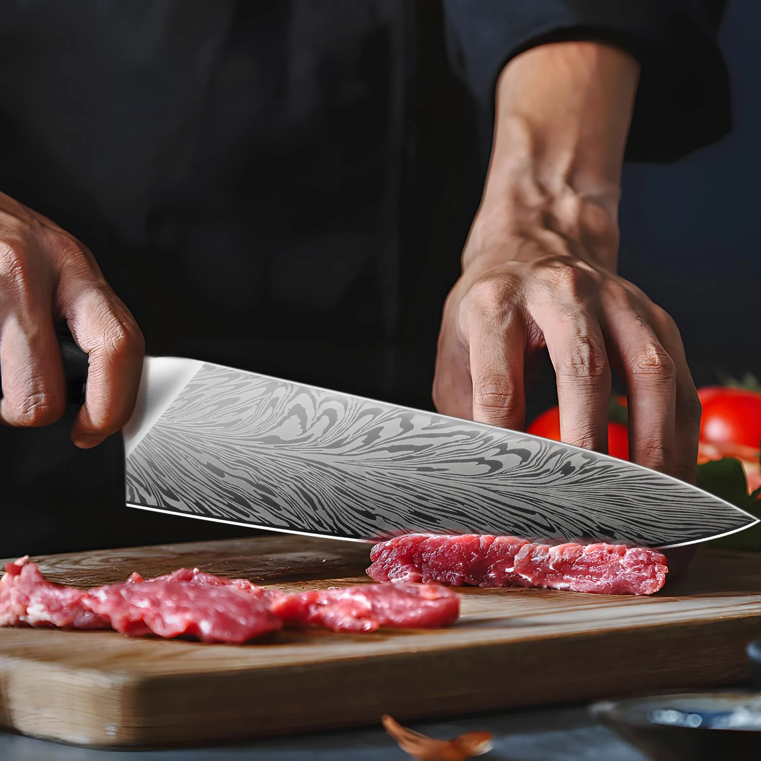 SANMEIHO Cuchillo de Chef de Acero en Polvo, 20cm de Cocina de Cocina Japonés, Cuchillo de Cocinero Profesional de Acero Duro, Cuchillo para Trinchar Ultra Afilado, Mango Ergonómico de Madera de Pakka