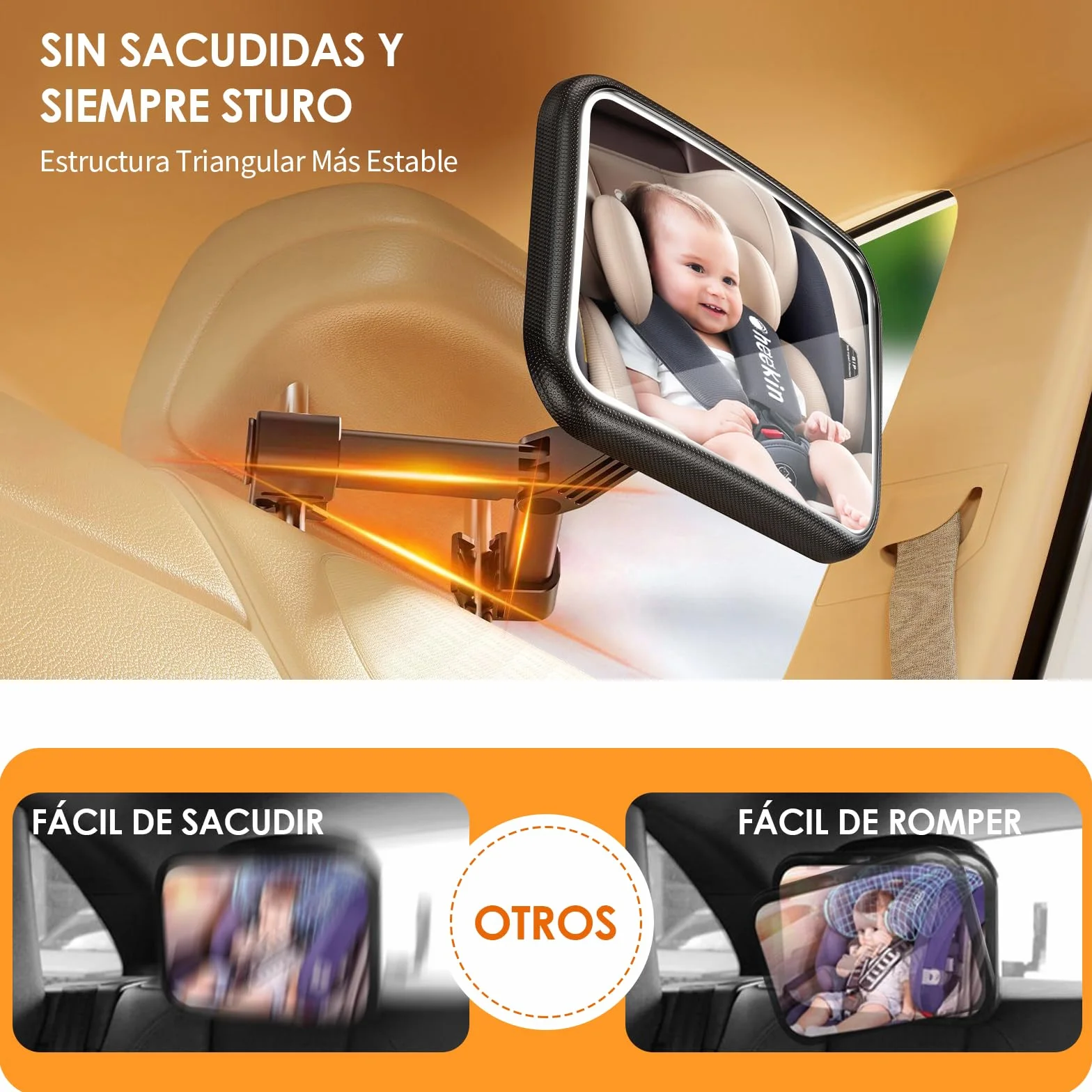 Espejo Retrovisor de Bebé con LED, Espejo Coche Bebé Asiento Trasero 100% a Prueba de Roturas Luz LED Espejo Retrovisor Coche Bebé 360° Giratorio con Clip de Gancho y Mandos a Distancia