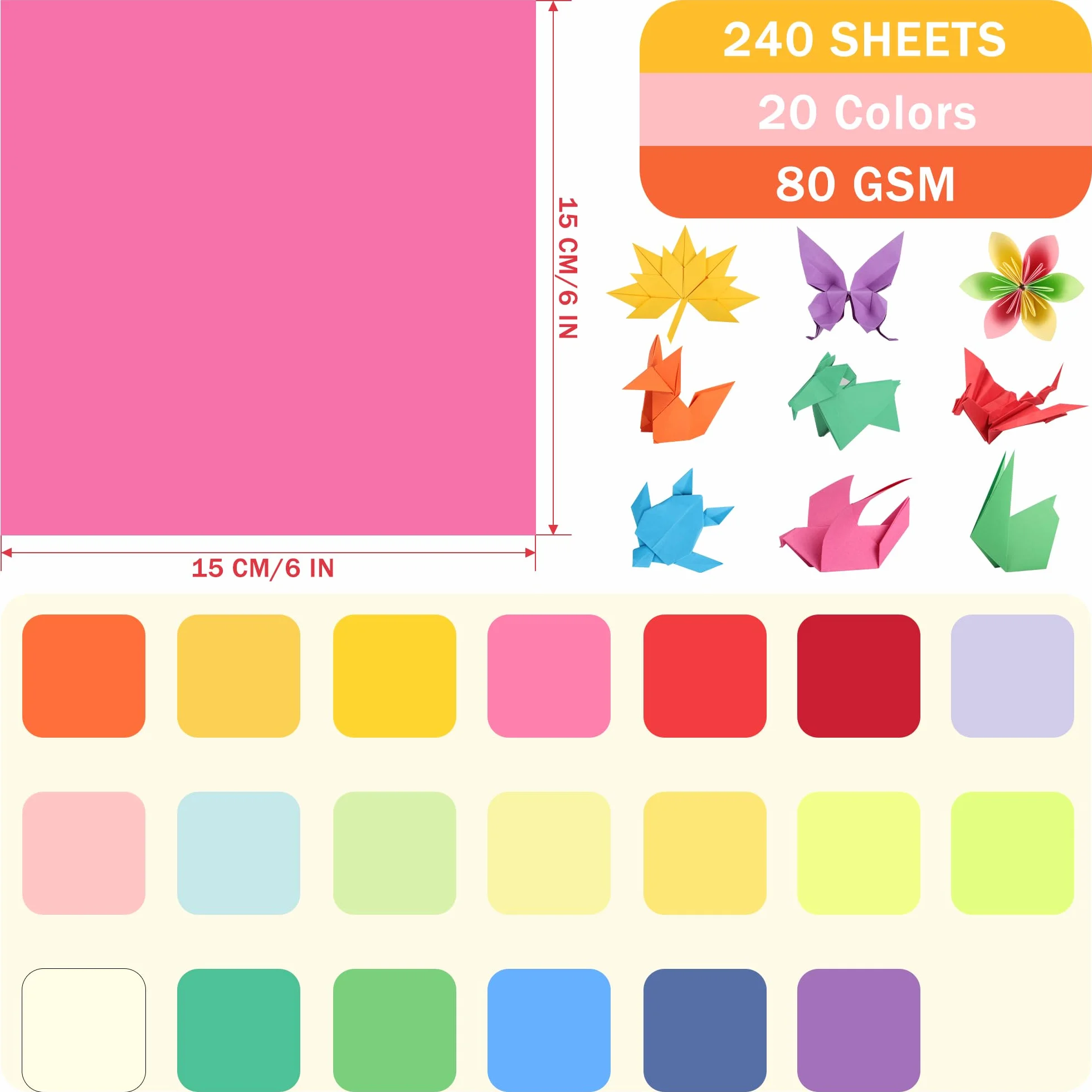 Papel de origami 240 hojas, 20 colores brillantes, 6 pulgadas, 80 g/m², papel plegable cuadrado de doble cara para proyectos de manualidades escolares, niños y adultos
