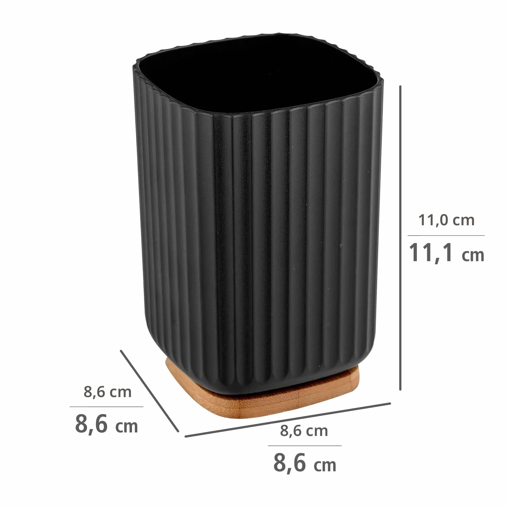 WENKO Vaso para cepillo de dientes Rotello, de plástico, para cepillos de dientes, y base de bambú, para guardar utensilios, con estructura acanalada de fácil sujeción, Ø 8,6 x 11,1 cm, negro/natural