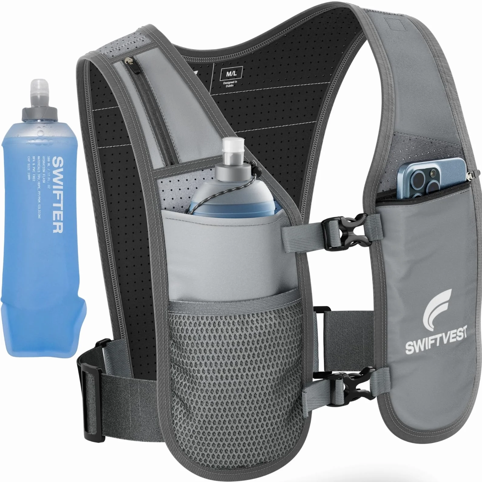 Running Vest Hydration Vest for Women Men, 500ml Soft Flask Water Bottle, Lightweight Reflective Phone Holder, Adjustable Unisex