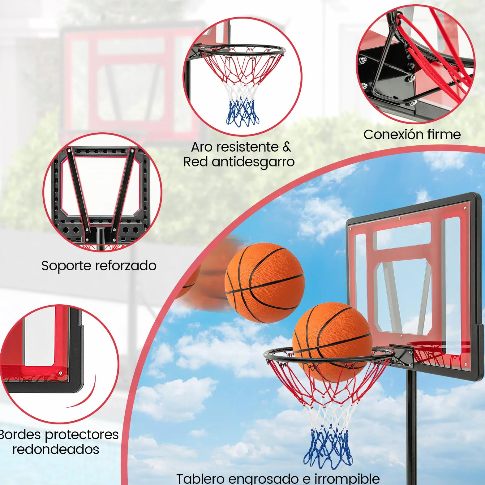 COSTWAY Canasta de Baloncesto Exterior, Altura Ajustable 115-135 cm, Aro con Ruedas para Niños y Adultos