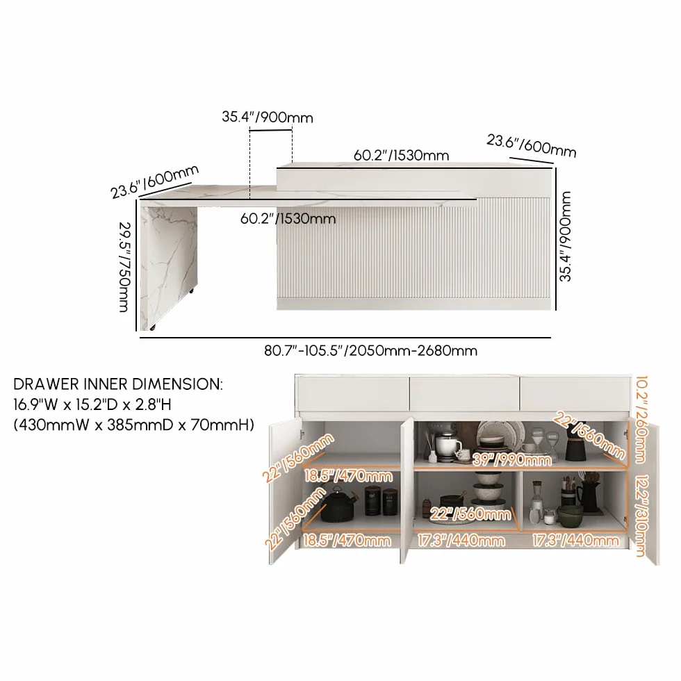 Homary Isla de Cocina Extensible con Almacenamiento múltiple para Cocina y Comedor, hacia la Derecha 205-268cm x 90cm (Blanco Mate y Blanco: Madera de ingeniería, Izquierda: 205-268cm)