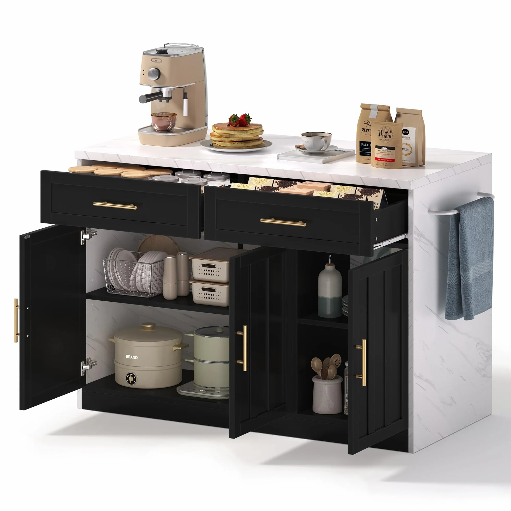 120 x 60 x 91 cm, isla de cocina, enchufes, puertos USB, cable de alimentación de 1,5 m de largo, estantes ajustables, asas de metal, toalleros, zonas de bar, adecuado para apartamentos, cocinas y