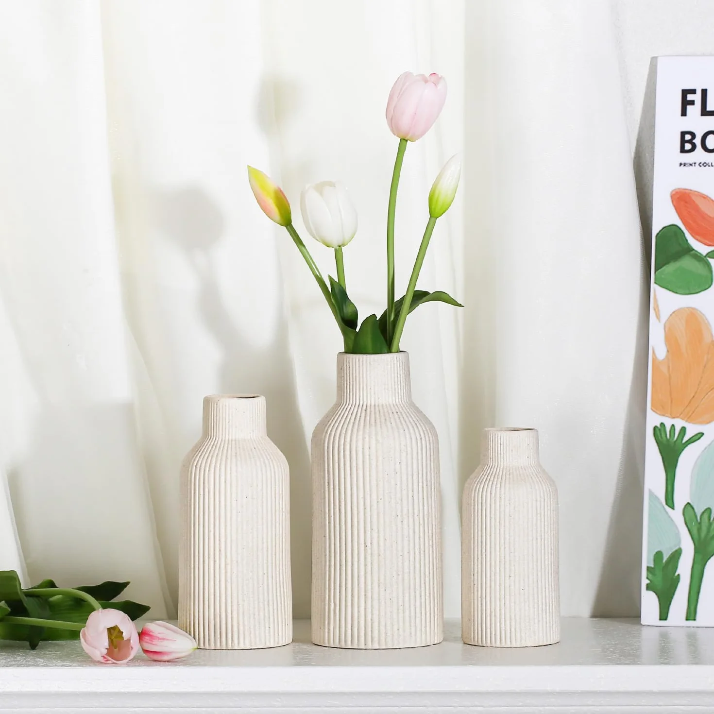 Jarrón para Hierba de Las Pampas, 20 cm, Cerámica Negro Mate, Redondo, Diseño Moderno, Bohemio para Decoración, Flores, Salón, Dormitorio (Beige)