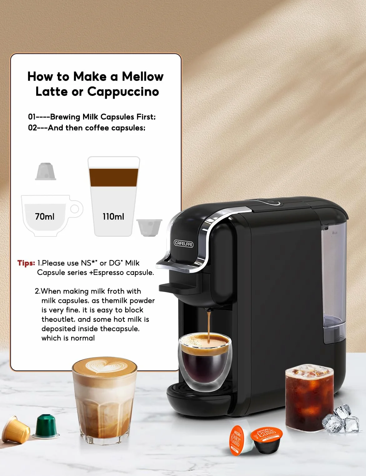 CAFELFFE Cafetera de cápsulas MK-603 4 en 1, café frío/caliente, 19 bares, compatible con cápsulas Nec* Original, DG*, ESE y café molido, modelo de bajo consumo, depósito de agua de 0,6 l, ideal para