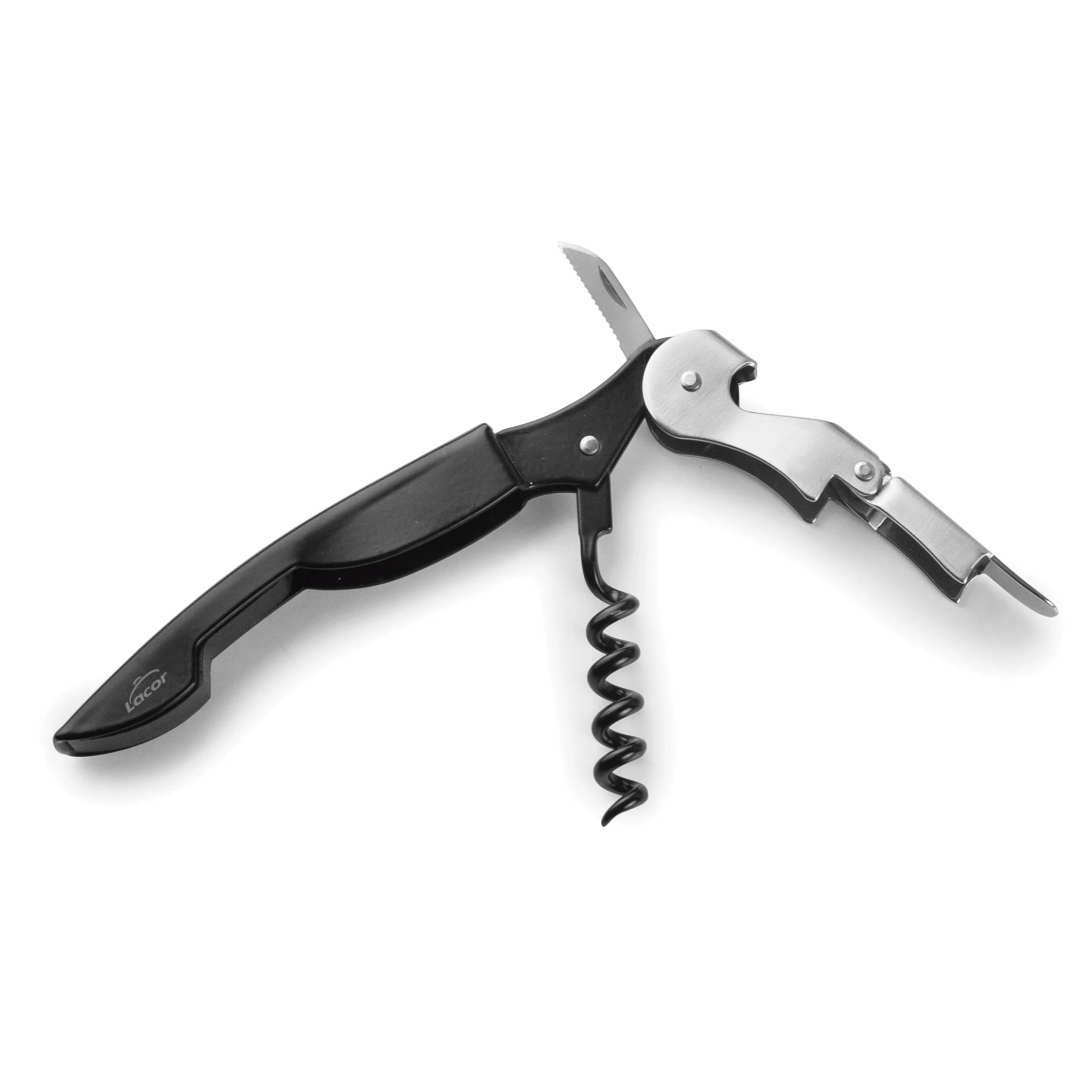 LACOR, 63044, Sacacorchos Camarero Luxe, Acero Inoxidable, Sacacorchos, Abridor de Botellas y Cuchilla corta Cápsulas, Abridor de Vino y Cerveza, 3 en 1, Negro