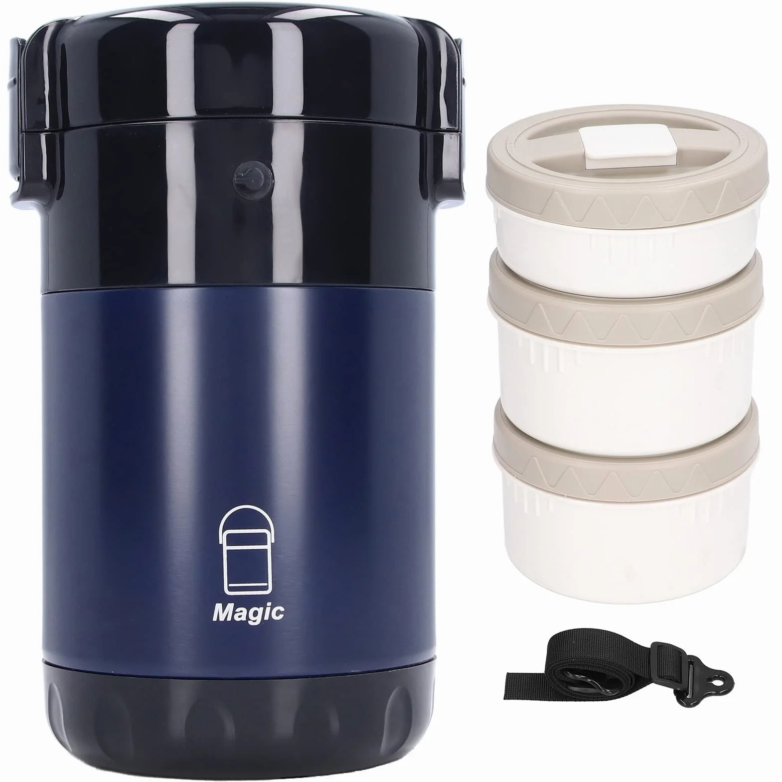 Fiambrera Themral, contenedor de almuerzo apilable de 2,3 l con compartimento de acero inoxidable, interior de doble vacío for adultos, mujeres, hombres y niños (3 capas) (azul profundo)(Deep Blue)