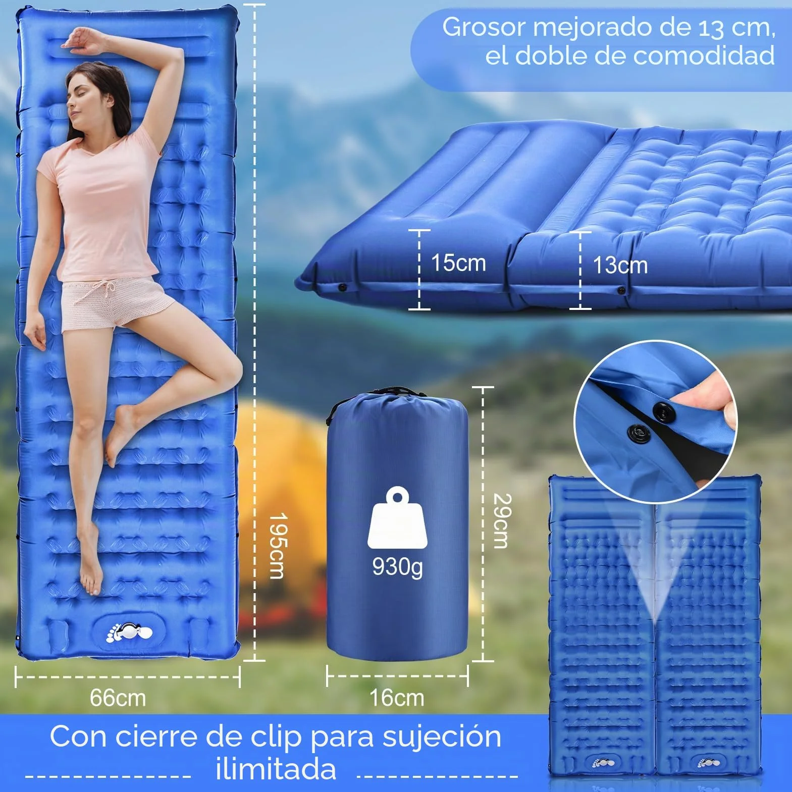 Colchón Hinchable Mejorada 13 cm con Almohada Incorporada y Bomba Inflable para Acampar y Viajar Azul
