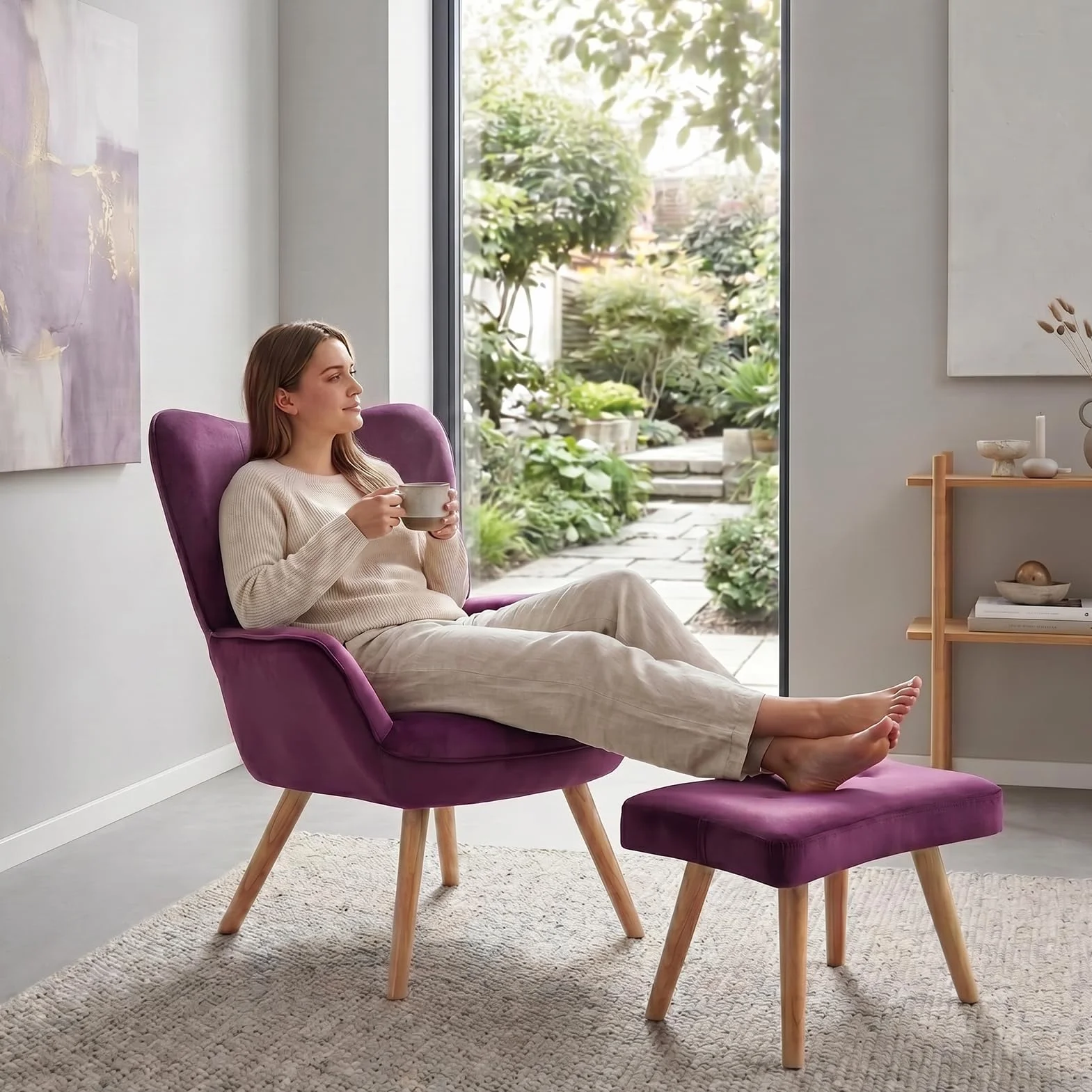 HollyHOME Sillon con Reposapies Salon Sillón Lectura Butacas de Salon Relax Comodos Sillones con Reposapiés Terciopelo Dormitorio, Púrpura