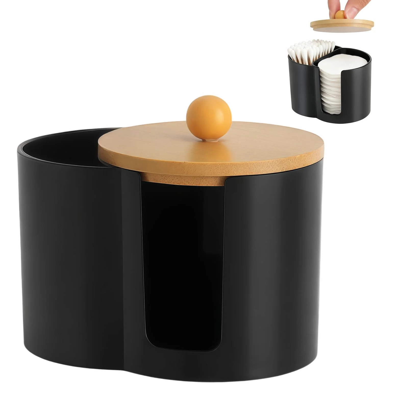 Bastoncillos de algodón negro con tapa de bambú, dispensador de almohadillas de algodón y dispensador de bastoncillos de algodón, almacenamiento con y apertura en forma de U, adecuado para
