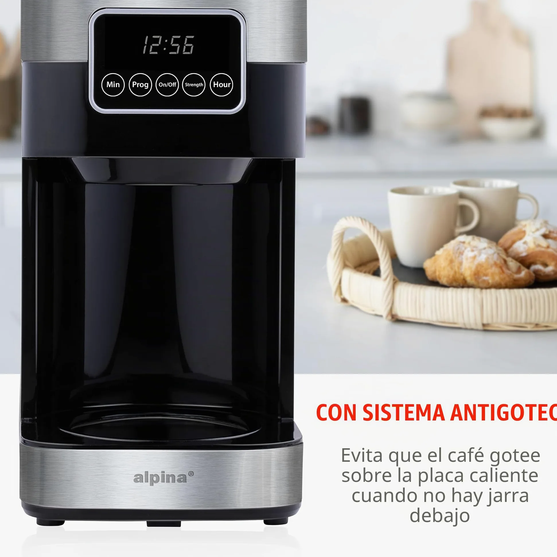 alpina Cafetera de Filtro - Máquina de Café 1.5L/ 12 Tazas de Café de Filtro - Cafetera con Pantalla Digital, Temporizador y Placa Calefactora - Intensidad del Café Ajustable - Negro