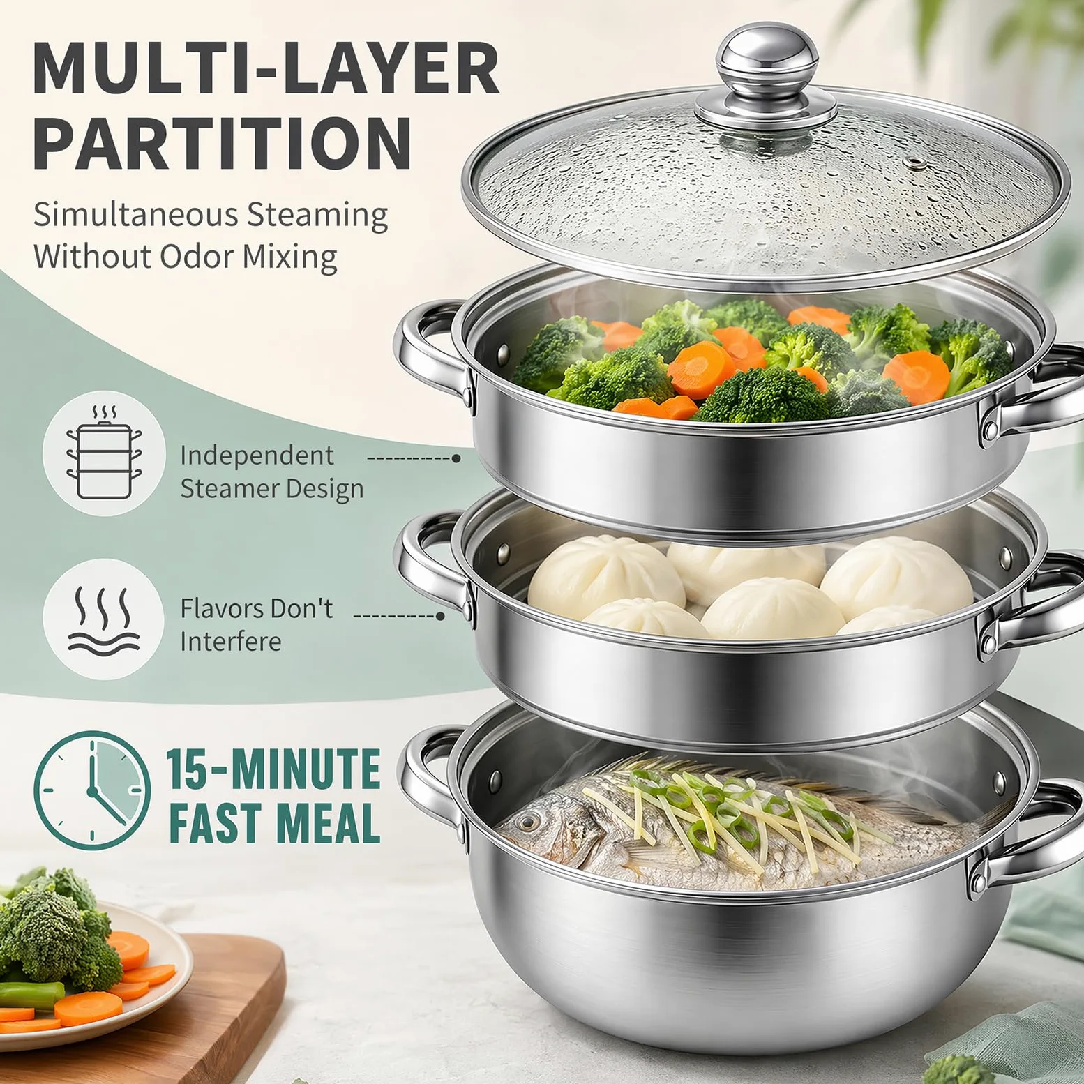 Olla para cocinar al vapor con tapa, 28 cm, acero inoxidable, con inserto de vapor, 3/4 niveles (3 pisos)