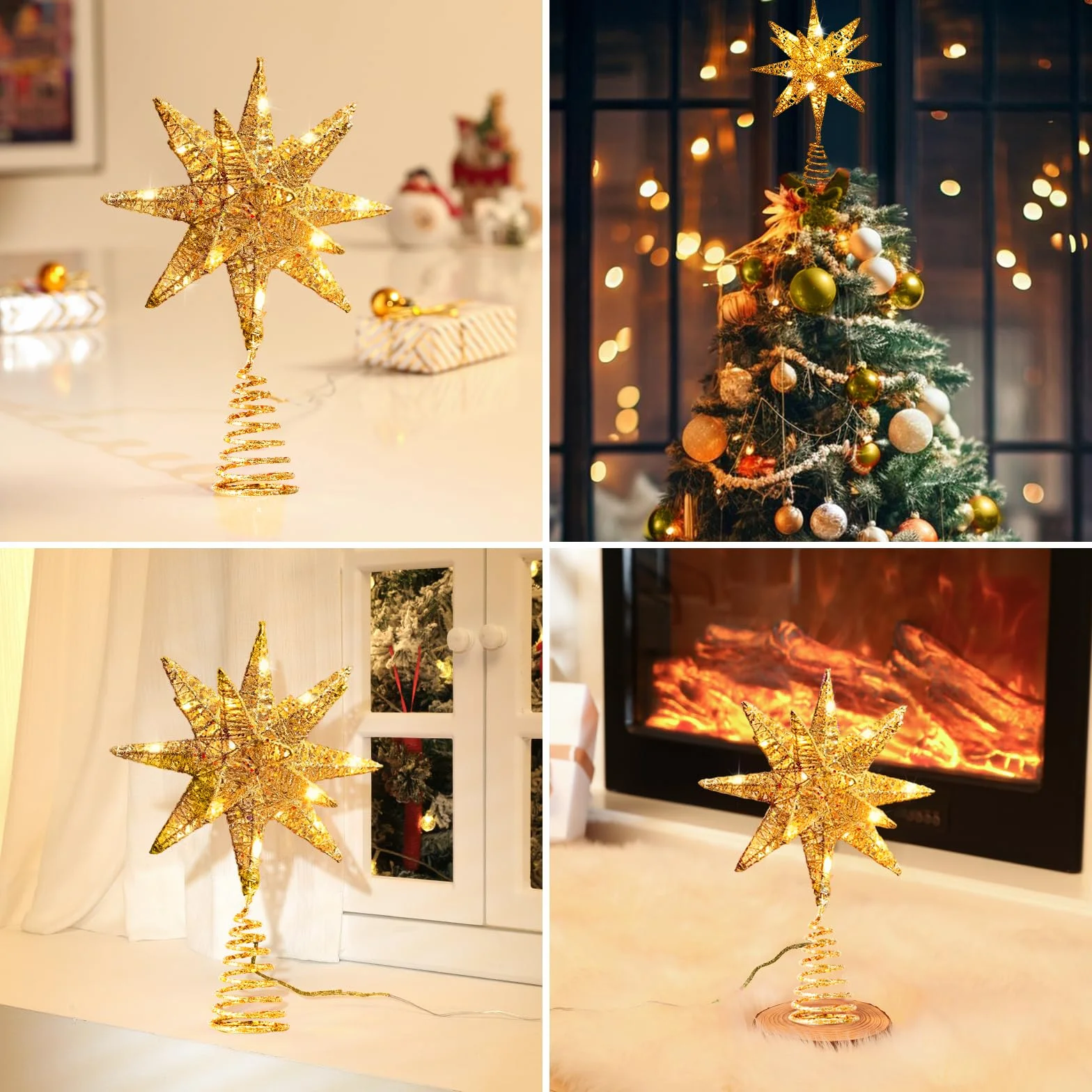 Lewondr Estrella para Árbol de Navidad, 11" Enchufable y Control Remoto Estrella de Copa Geométrica 3D Iluminada para Decoración Navideña, Función Temporizador y Cable 5m, Luz Cálida, Oro