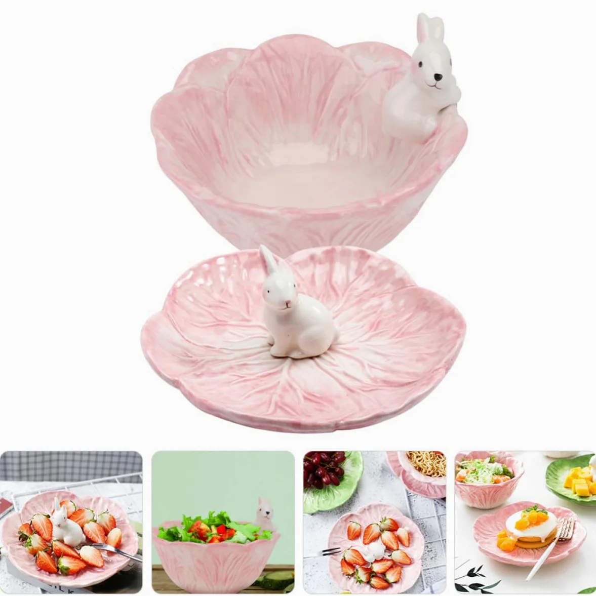 Juego de 2 Tazones de Cerámica Rosa con Estatua de Conejo y Forma de Repollo, Cuencos Elegantes para Desayuno y Reuniones Casuales Diarias