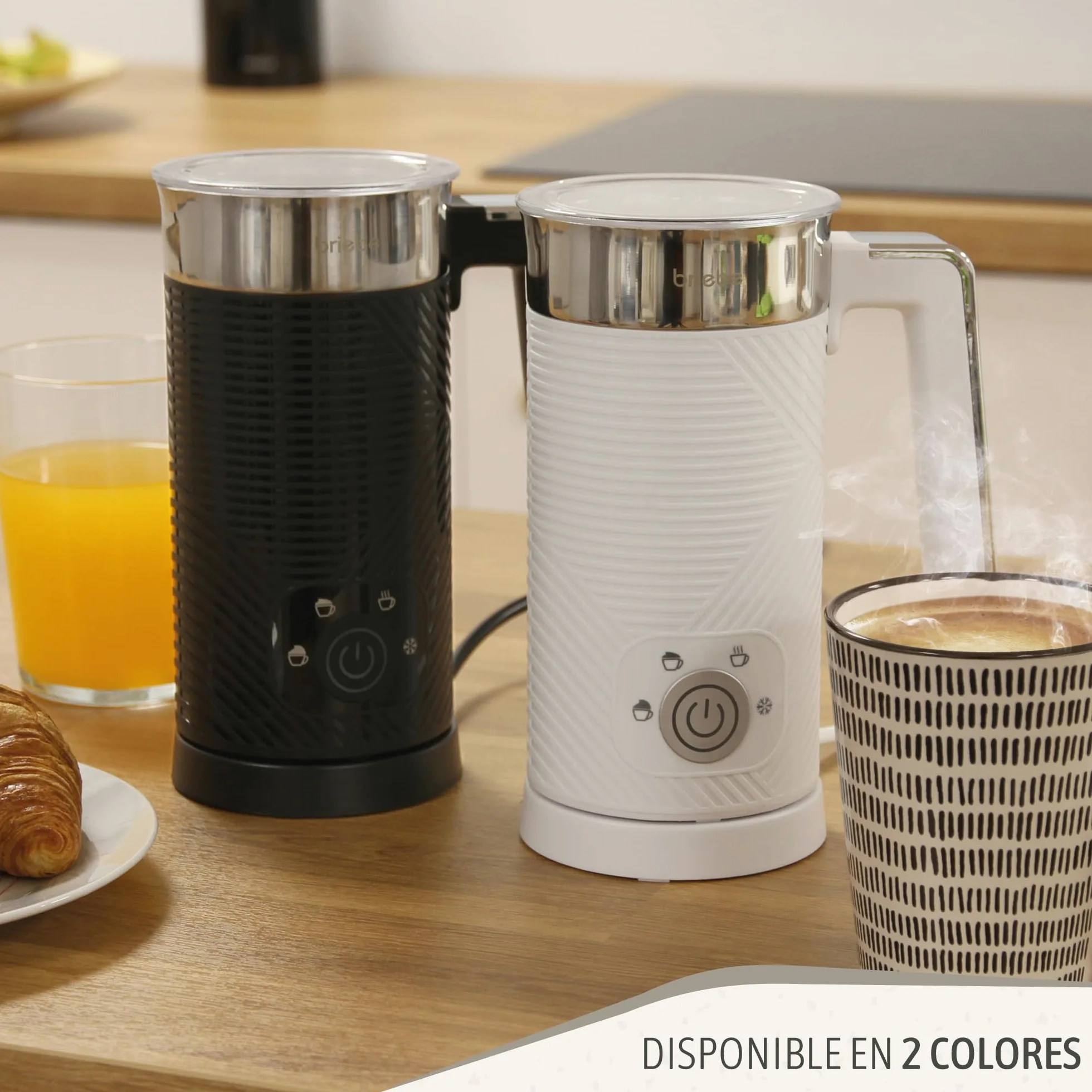 briebe Elegance Espumador de Leche Eléctrico Calentador 4 en 1, Espuma Fría/Caliente 130ml para Café Latte, Capuchino, Macchiato, Leche Caliente 300ml, Milk Frother, Libre BPA, 500W, Diseño Blanco