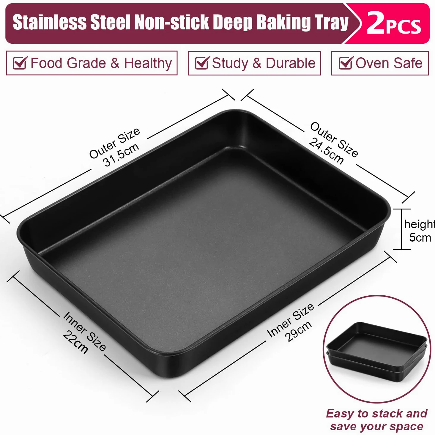 HaWare - Bandeja para horno, antiadherente, de acero inoxidable, juego de 2, molde rectangular profundo para asar y servir, 31,5 x 24,8 x 5 cm, saludable y no tóxico, resistente a la corrosión (negro)