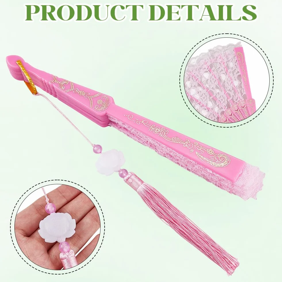 CREATCABIN Abanico Plegable Bordado Rosa Lolita 247x455x20mm para Baile Fiestas