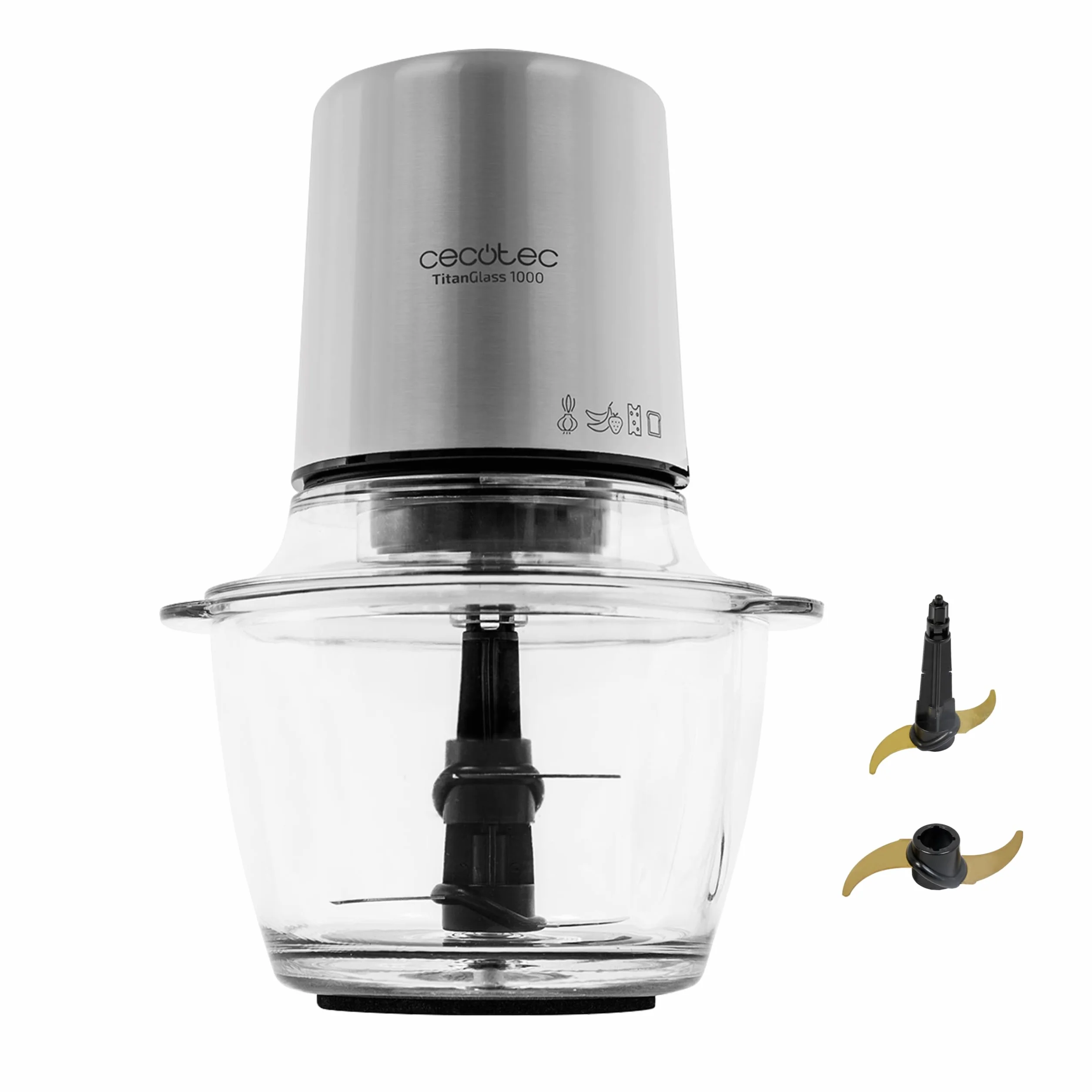 Cecotec Picadora Eléctrica TitanGlass 1000 Max. 500W, 4 Cuchillas Titanio, Pica, Trocea y Corta, ControlSpeed, Bol Cristal 1L, 2 Velocidades, Botón Pulso, Tapa a Presión, Regulable, Lavavajillas