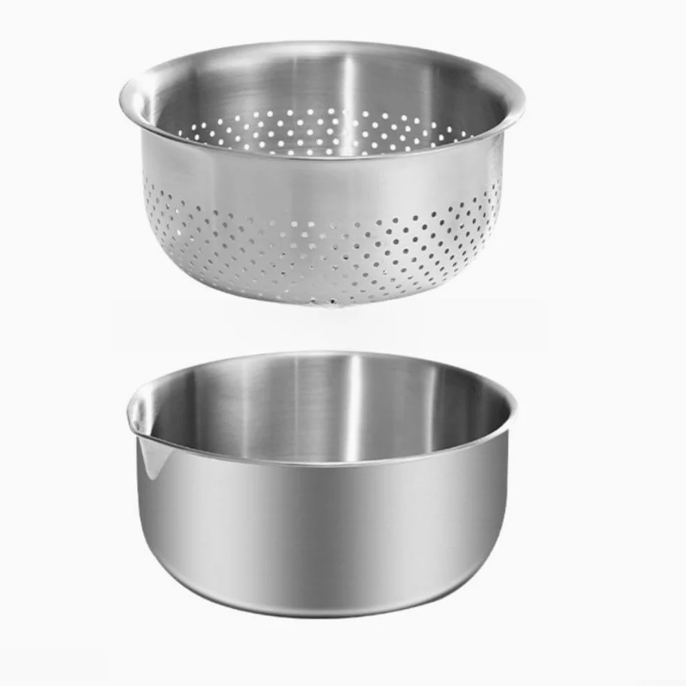 Juego de colador de acero inoxidable, 2 piezas de colador de frutas y verduras con cuenco medidor, cesta de drenaje de pasta para uso en cocina y campamento (M)