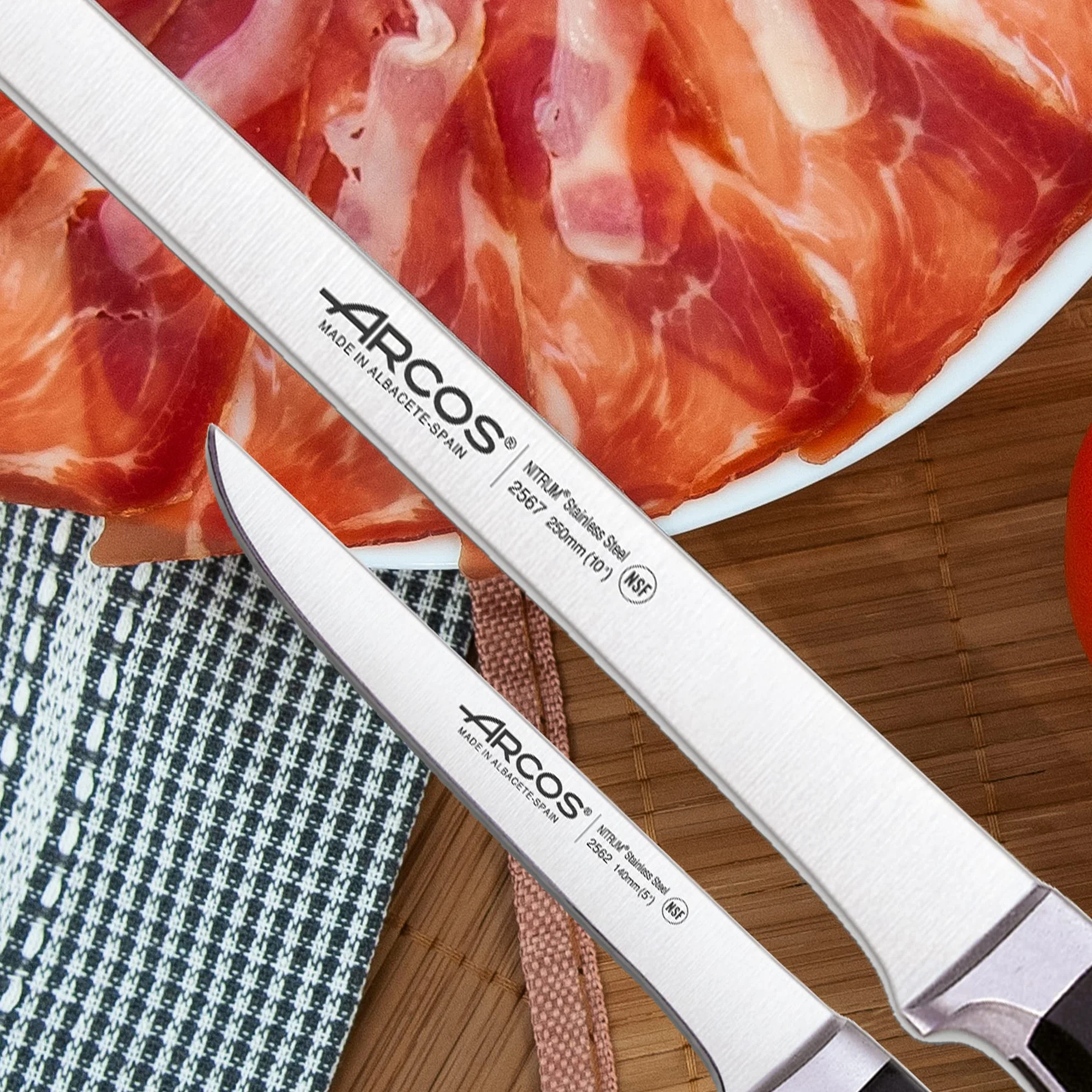 Arcos | Cuchillo Jamonero Cuchillo deshuesador | 2 Uds | Set cuchillos jamoneros 250 mm y cuchillo deshuesador (140 mm) jamonero profesional | cuchillo carnicero profesional | Eco