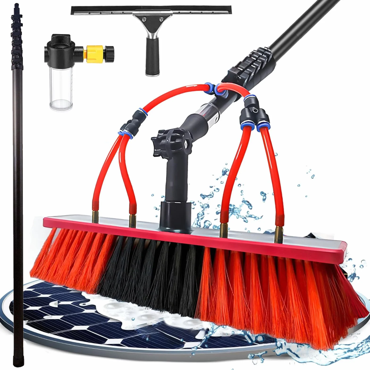 Kit de Limpieza telescópico con Suministro de Agua, Cepillo y rasqueta para Ventanas, Paneles solares y automóviles.