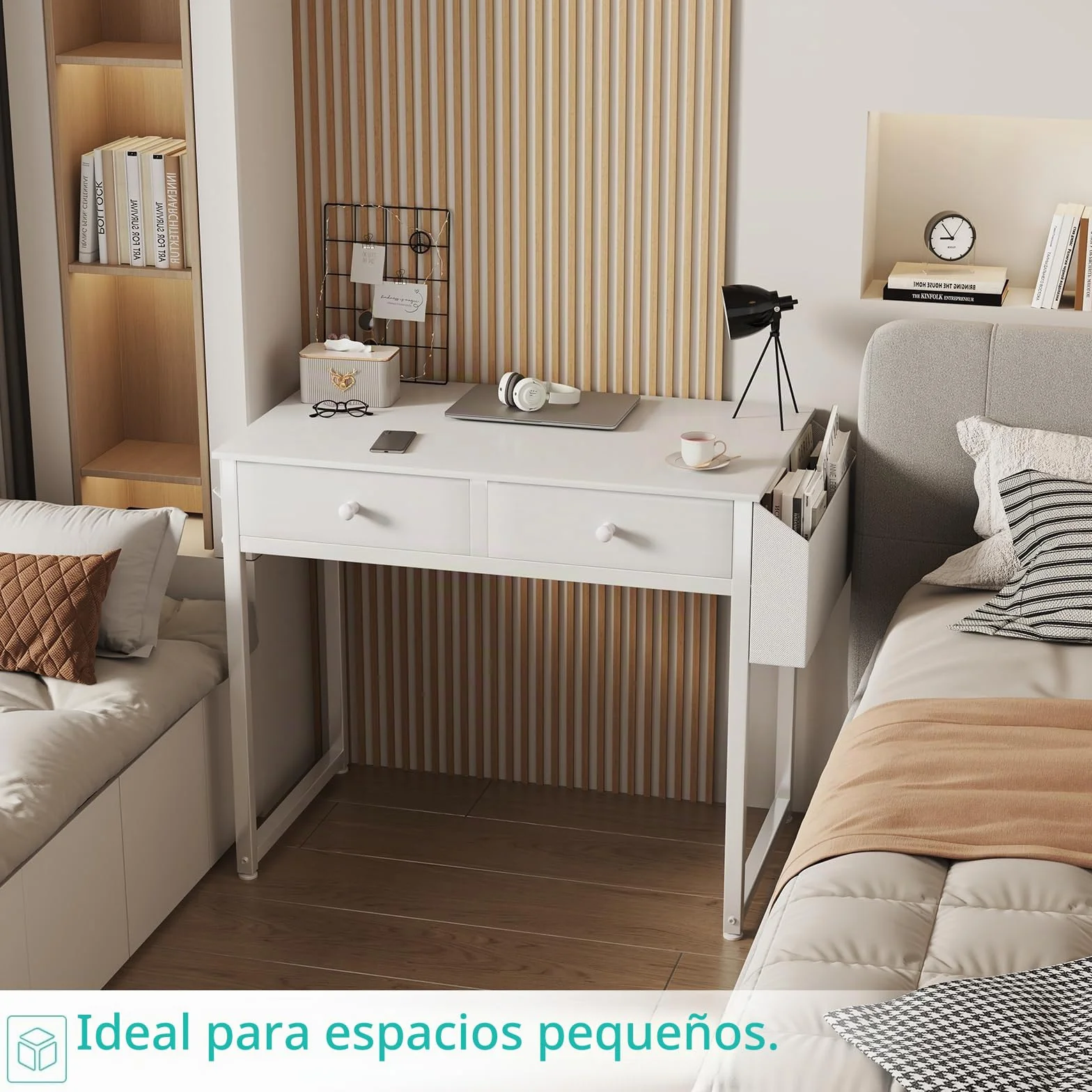 Lufeiya Mesa Escritorio Blanco con cajones, Escritorio Pequeño para Oficina Escritorio Ordenador casa de con cajón de Tela y Bolsa Mesa de Estudio para Espacios 80X40cm