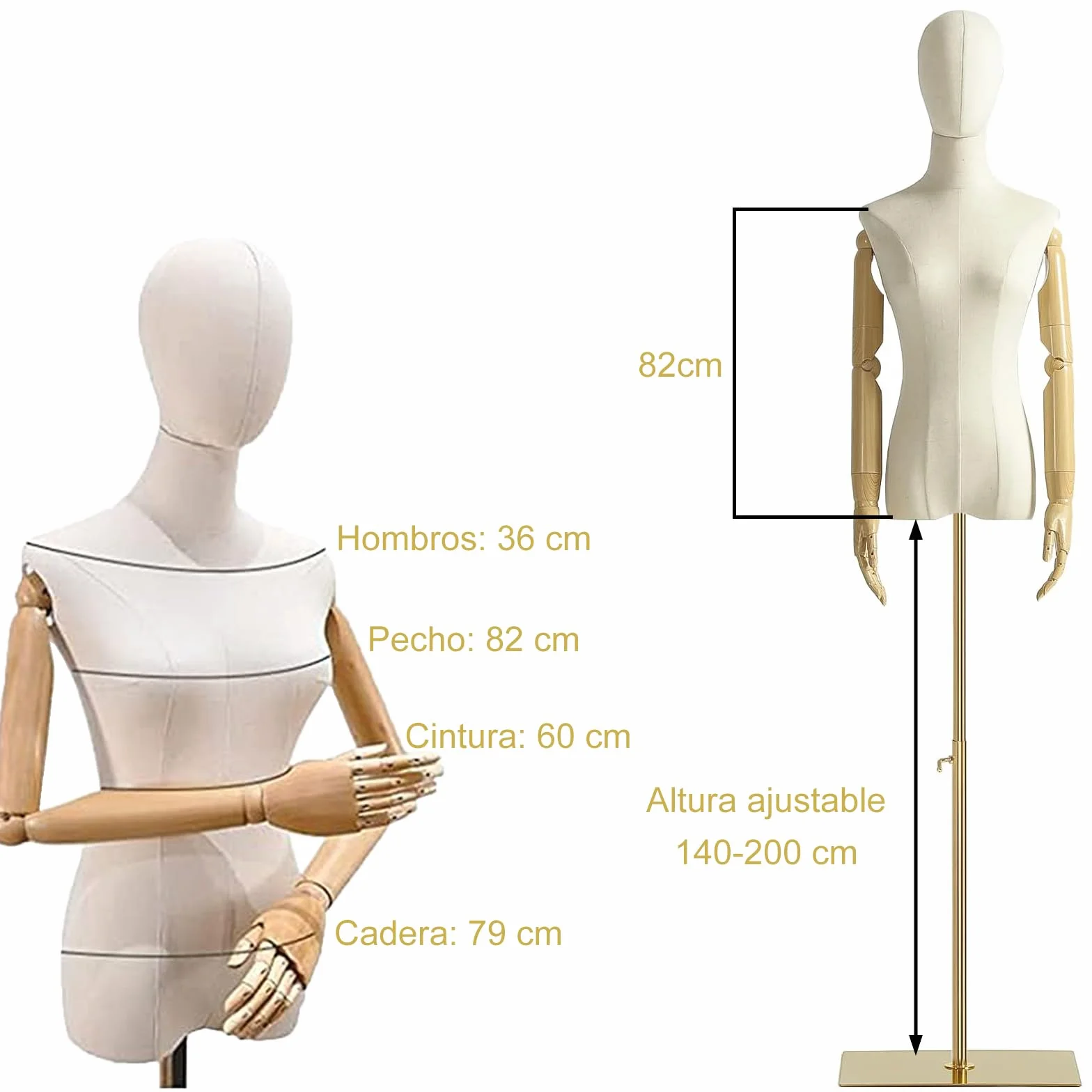 Maniquí Femenino con Forma de Torso de Vestido, Cuerpo de maniquí con Cabeza Desmontable, Manos de Madera y Soporte Dorado Ajustable de 55 a 80 Pulgadas de Altura, para exhibición de Joyas de Vestir