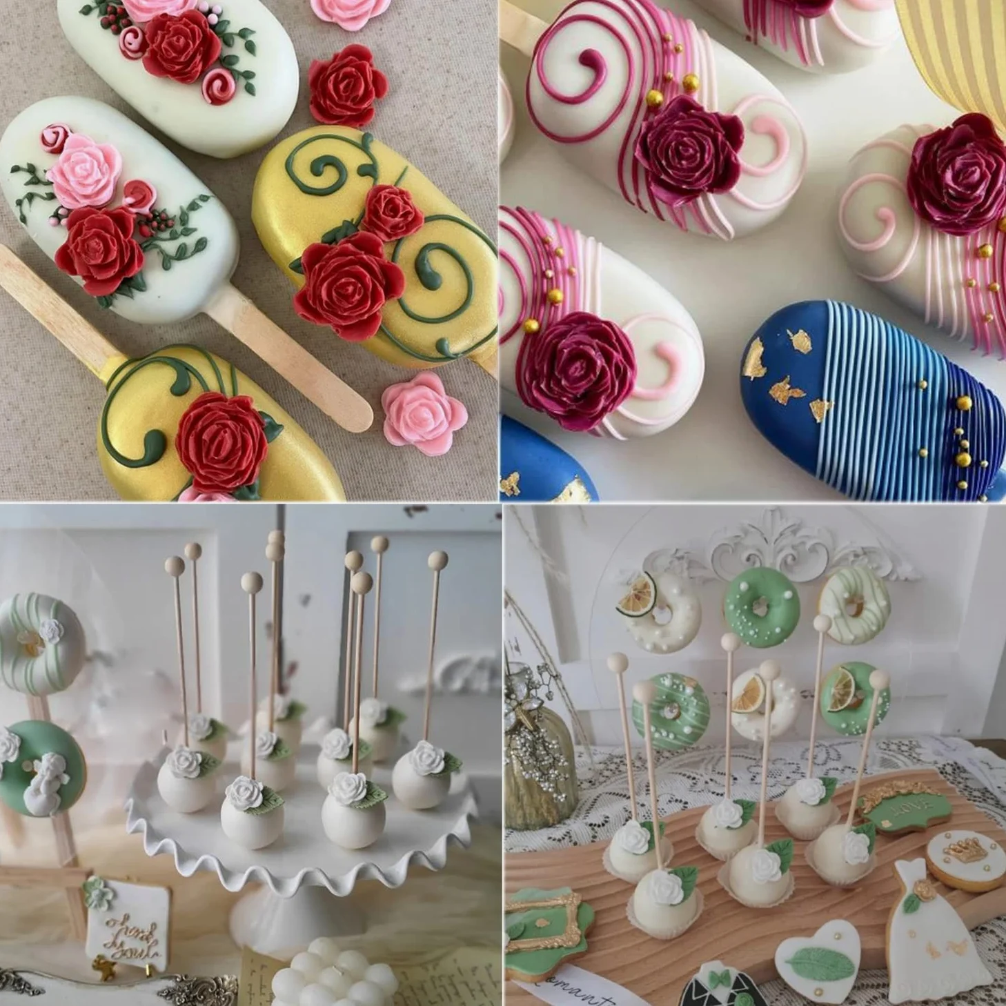 Mujiang Juego de 4 moldes de silicona para fondant, diseño de rosas, flores, chocolate, hojas de caramelo, para decoración de pasteles, pasta de goma de azúcar, juego de 4