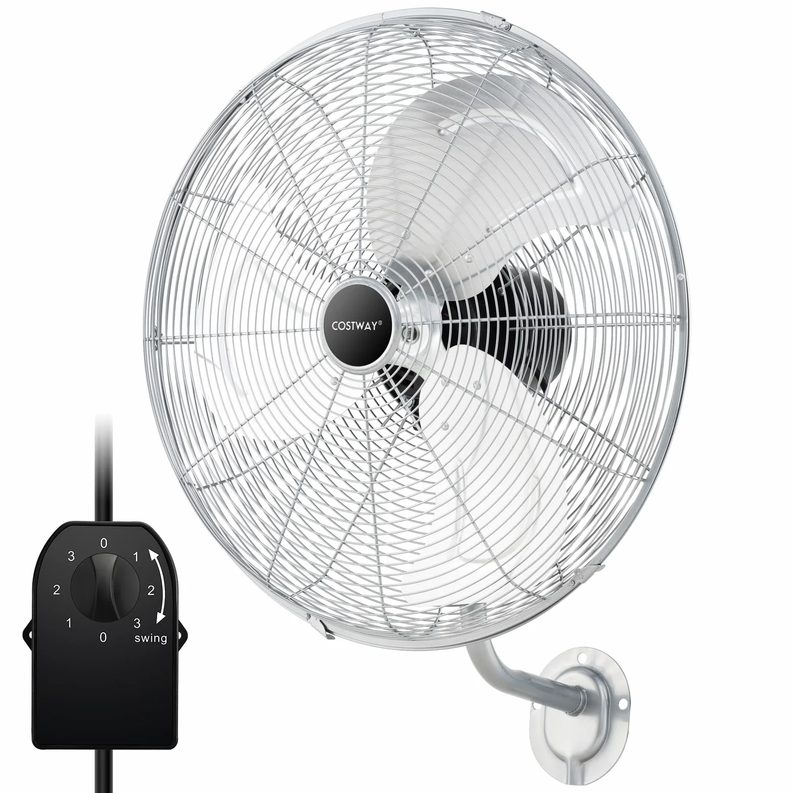 COSTWAY Ventilador Industrial de 120W, Ventilador de Pared Φ55cm con 3 Velocidades, Rotación Horizontal de 85°y Vertical de 30°, 3 Aspas de Aluminio, Metálico para Almacén y Taller (Plata)