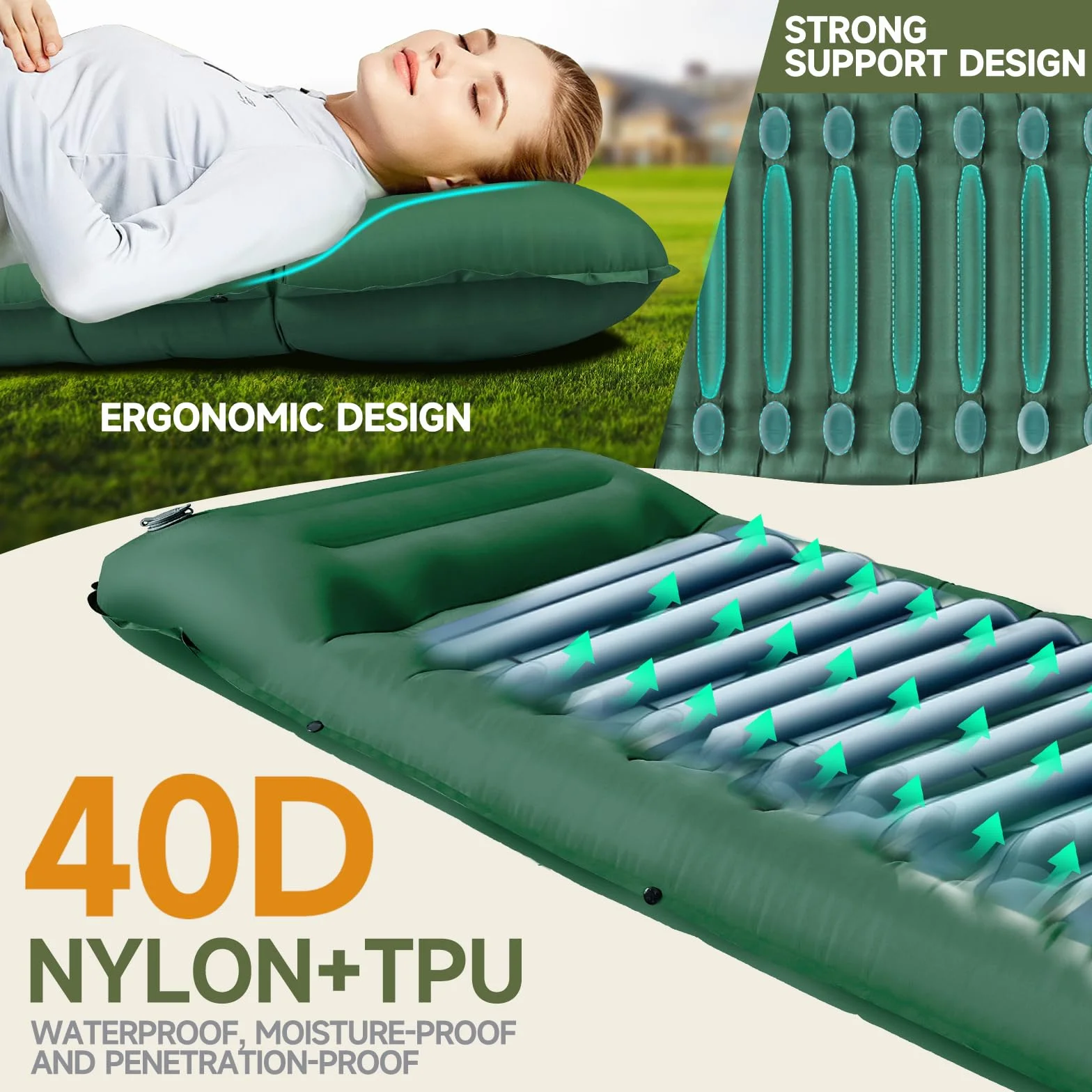 Colchón de Acampada autoinflable 14 cm, Impermeable, con Bomba de pie, para Senderismo Mochilero (Green)
