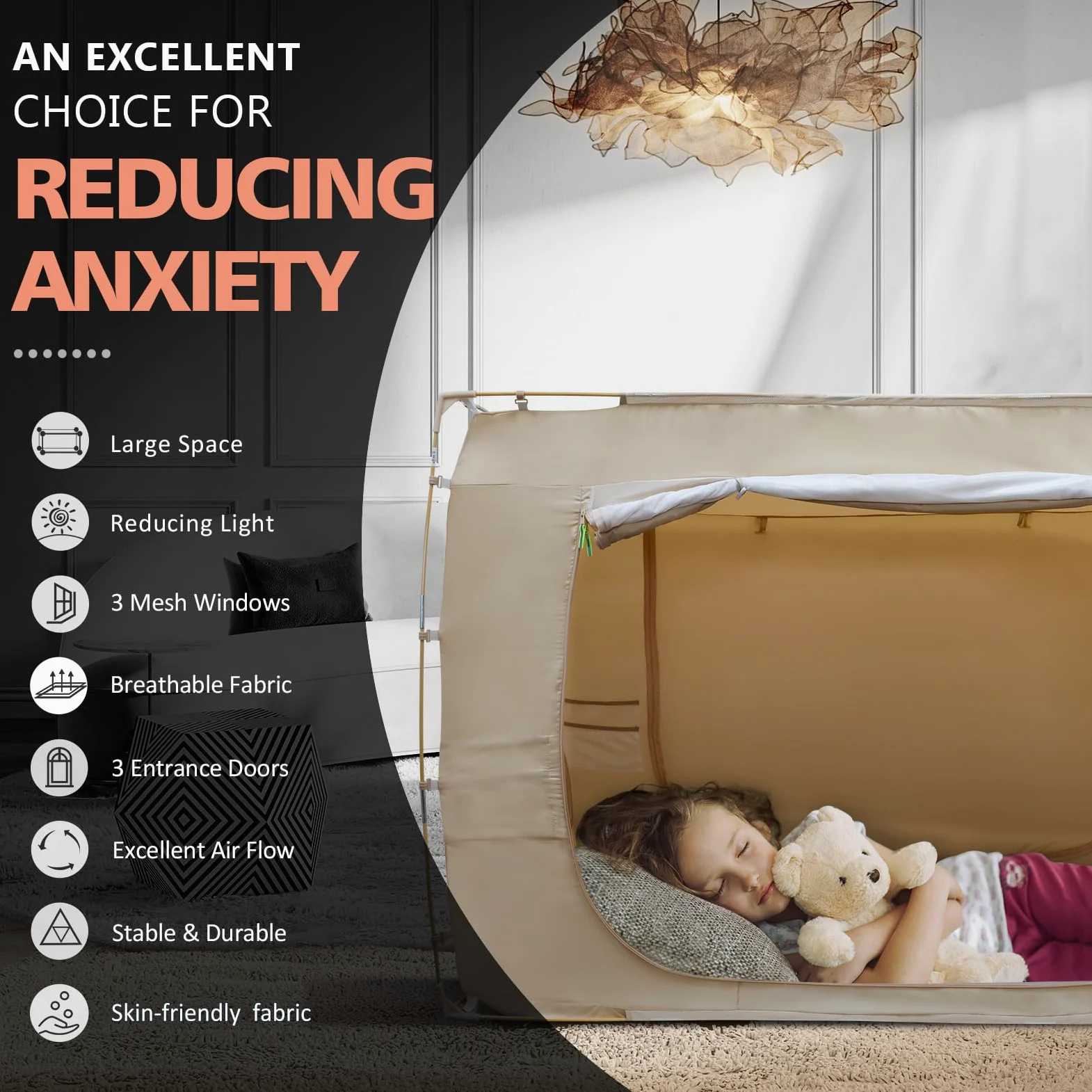 RIYDH Tienda de campaña de cama con toldo para cama de tamaño individual para adultos y niños, tienda de campaña portátil de ensueño para interiores, 70% opaca, con 3 puertas, transpirables, grandes