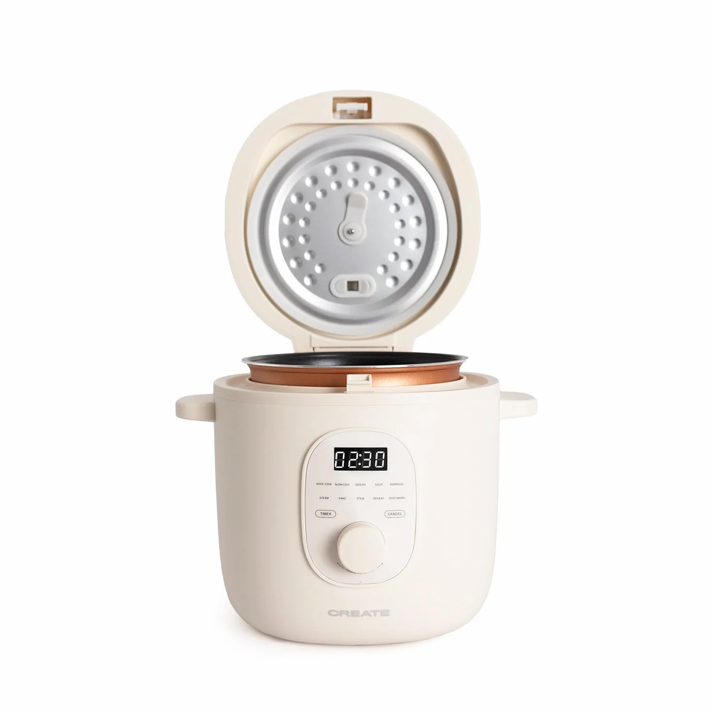 CREATE/RICE COOKER STUDIO/Arrocera eléctrica multifunción 1,2L blanco roto/Programable hasta 24h, con cesta vaporera, prepara tartas, guisos o sopas, función de mantener el calor, 300W
