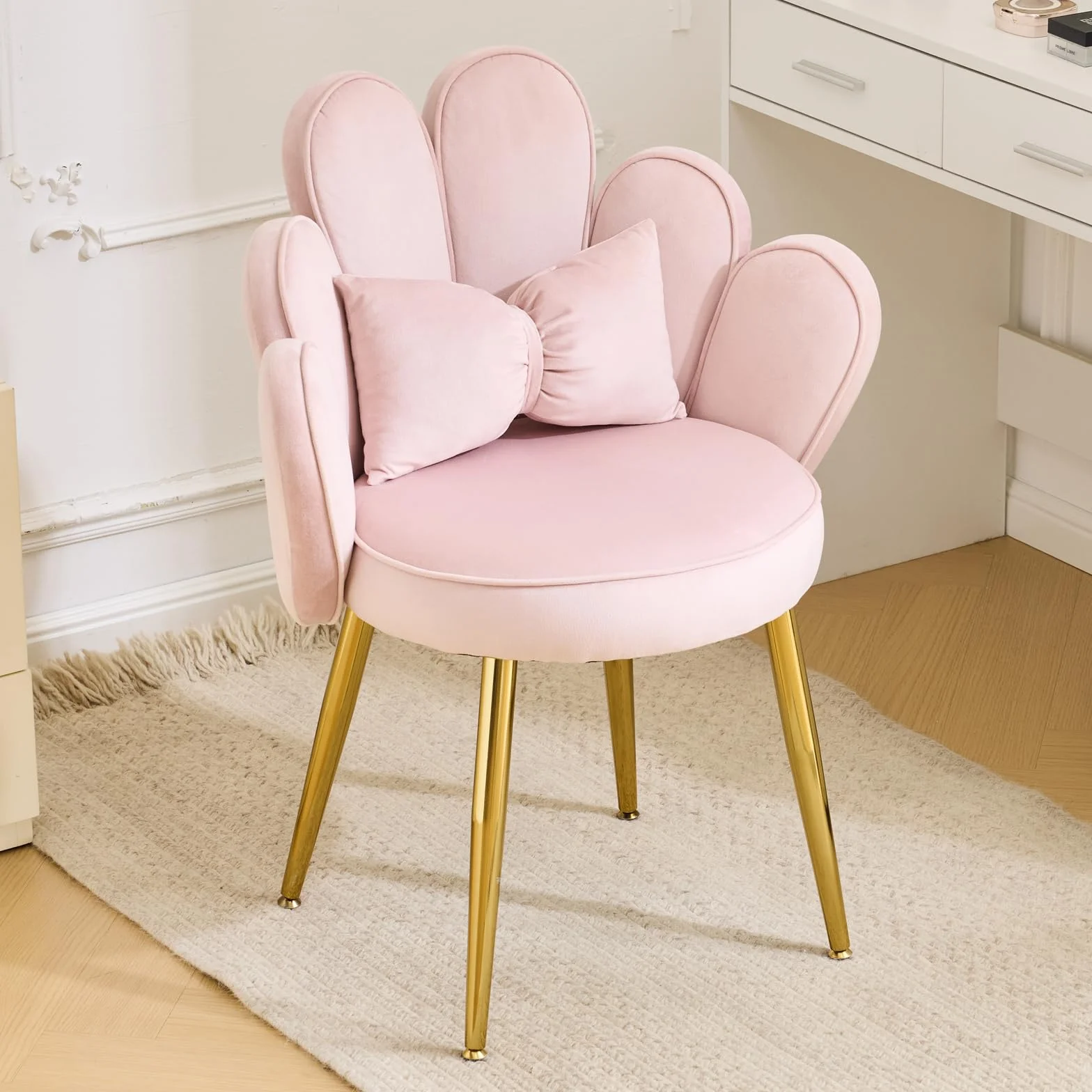 Bonnlo Silla de Maquillaje con Respaldo de Pétalos, Silla Tocador, Sillas de Comedor Elegantes, Patas Doradas Ajustables, Sillón Salón para Tocador, Dormitorio u Oficina en Casa (Terciopelo, Rosa)