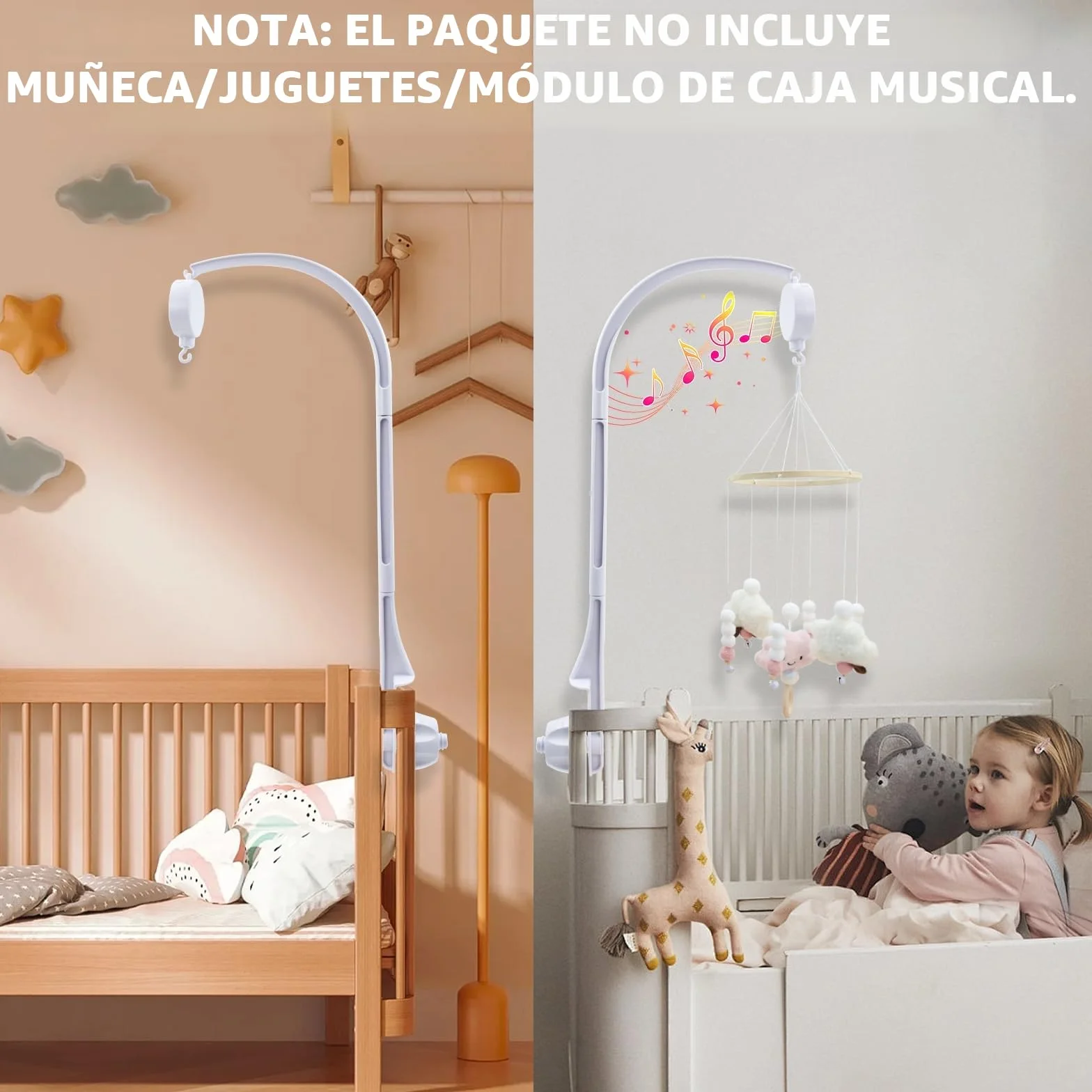 Movil Cuna Bebe, Bebé Móvil con Musica para Cuna, Soporte Ajustable DIY Infantil Juguetes de Decoración Caja de Música Soporte de Brazo, Móvil Bebé para Cuna para Bebé 0 a 24 Meses