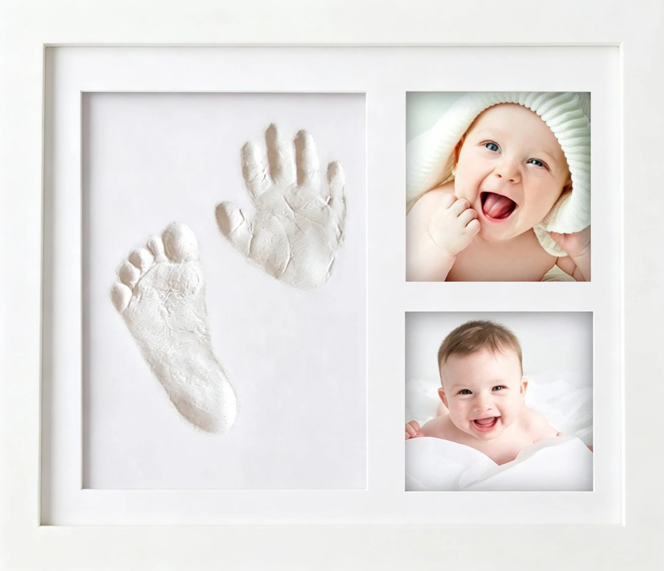 Kit de Huellas de Mano y Pie para Bebé, Arcilla Segura, Marco Personalizado, Regalo Baby Shower - Blanco
