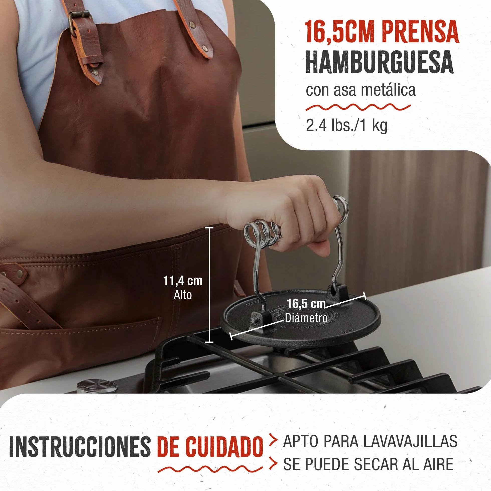 Victoria Prensa Hamburguesas Smash Burger Hierro Fundido Esmaltado 16,5cm Aplastador de Carne para Barbacoa Profesional, Mango Resistente al Calor, Libre de Tóxicos sin PTFE ni PFOA