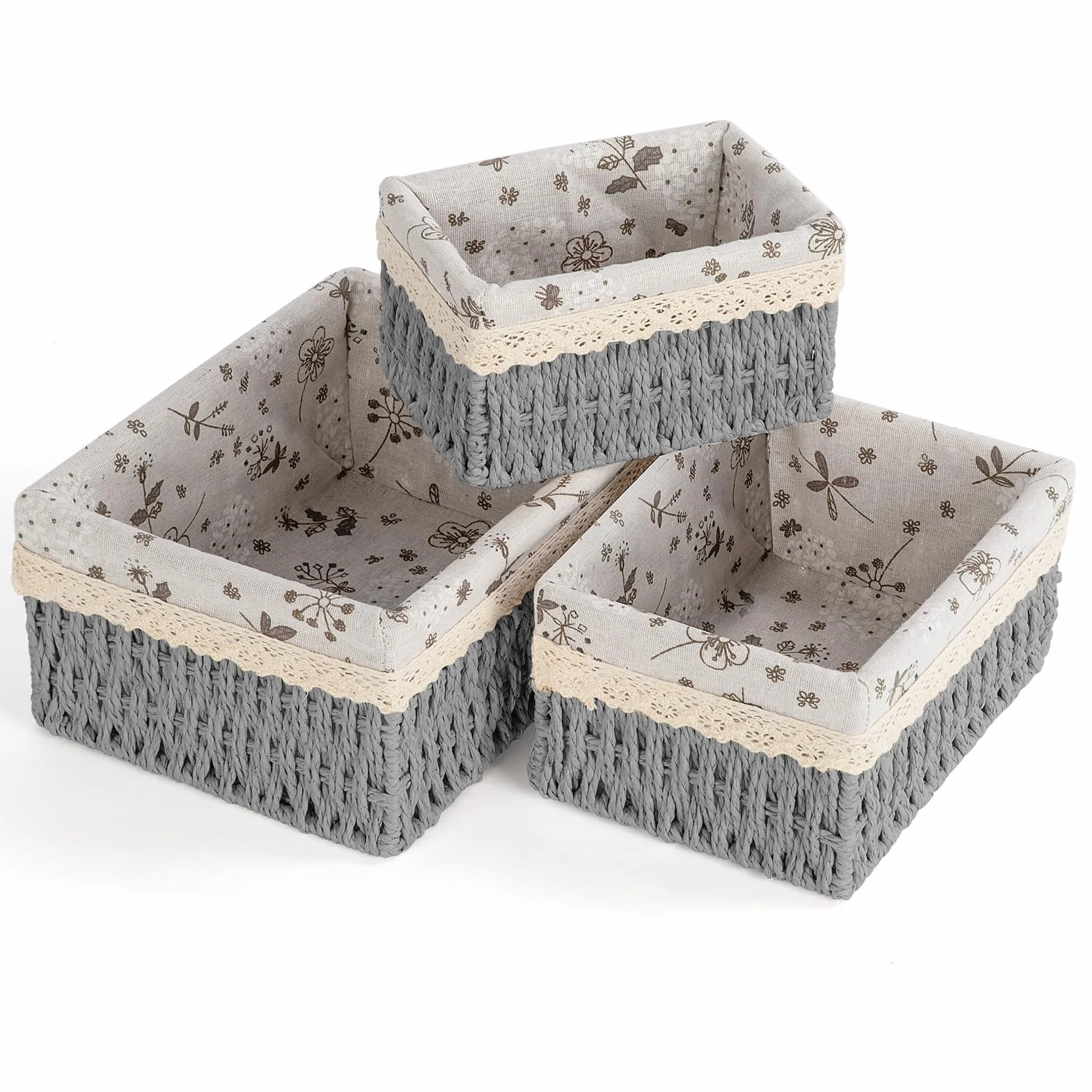Cestas Almacenaje Juego de 3 Mimbre Trenzado Tejido Reciclable para Baño Cocina Hogar (Gris)