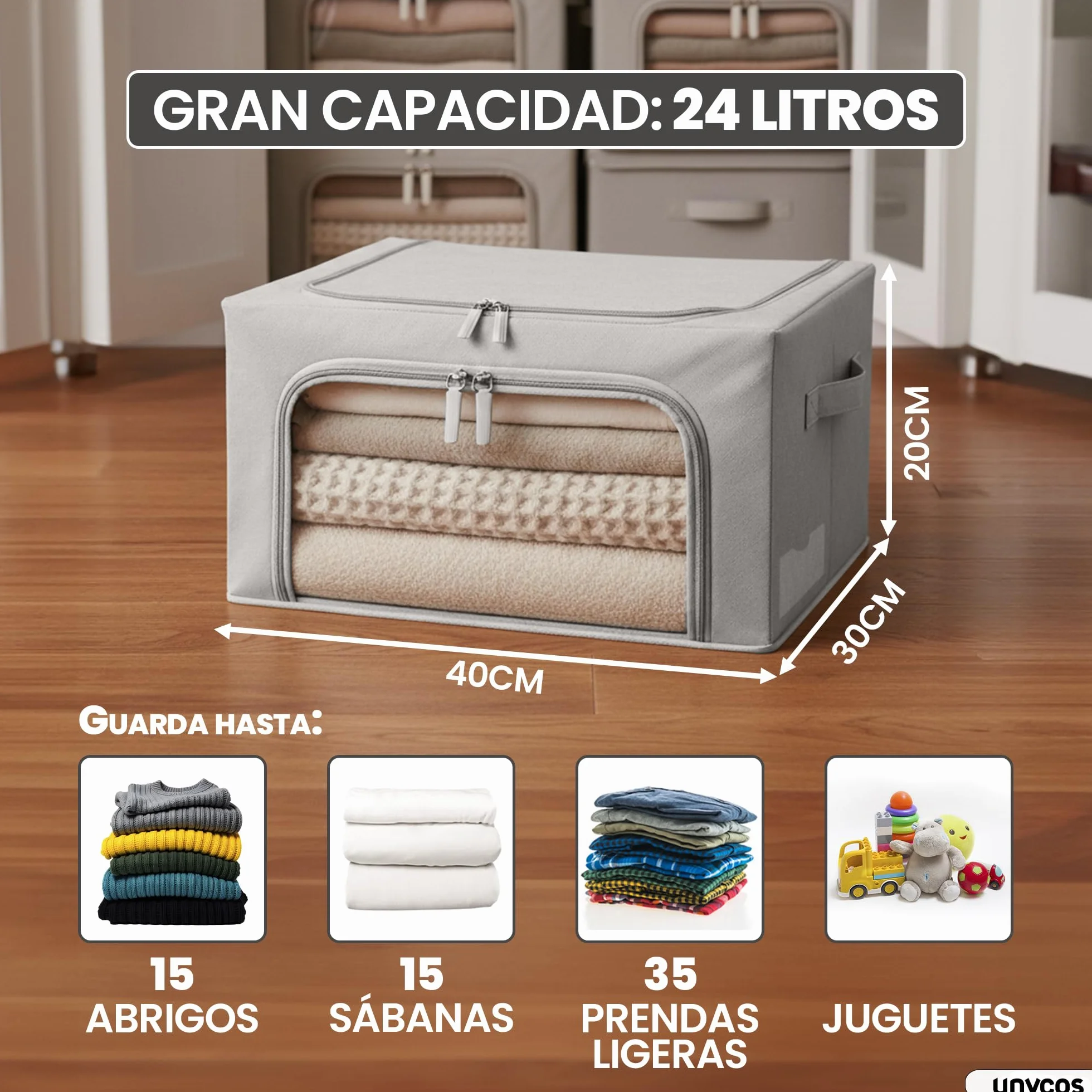 unycos - Cajas de Almacenaje de Ropa【3 Piezas | 24L】 Bolsas con Estructura Resistente de Hierro, Asas Reforzadas y Ventana Transparente, Organizador de Toallas, Edredones | 10 kg (Grey; Iron Rod)