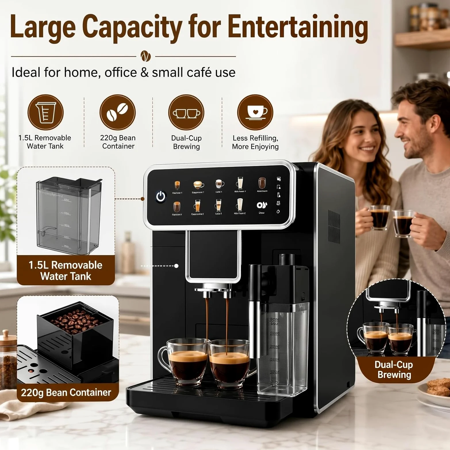 Máquina De Café Espresso Con Bomba De 15 Bares Y Espumador De Leche Con | Cafetera Espresso Automática Con Molinillo De Granos Calentamiento De 1350W Depósito De Leche Sistema De Limpieza(A)