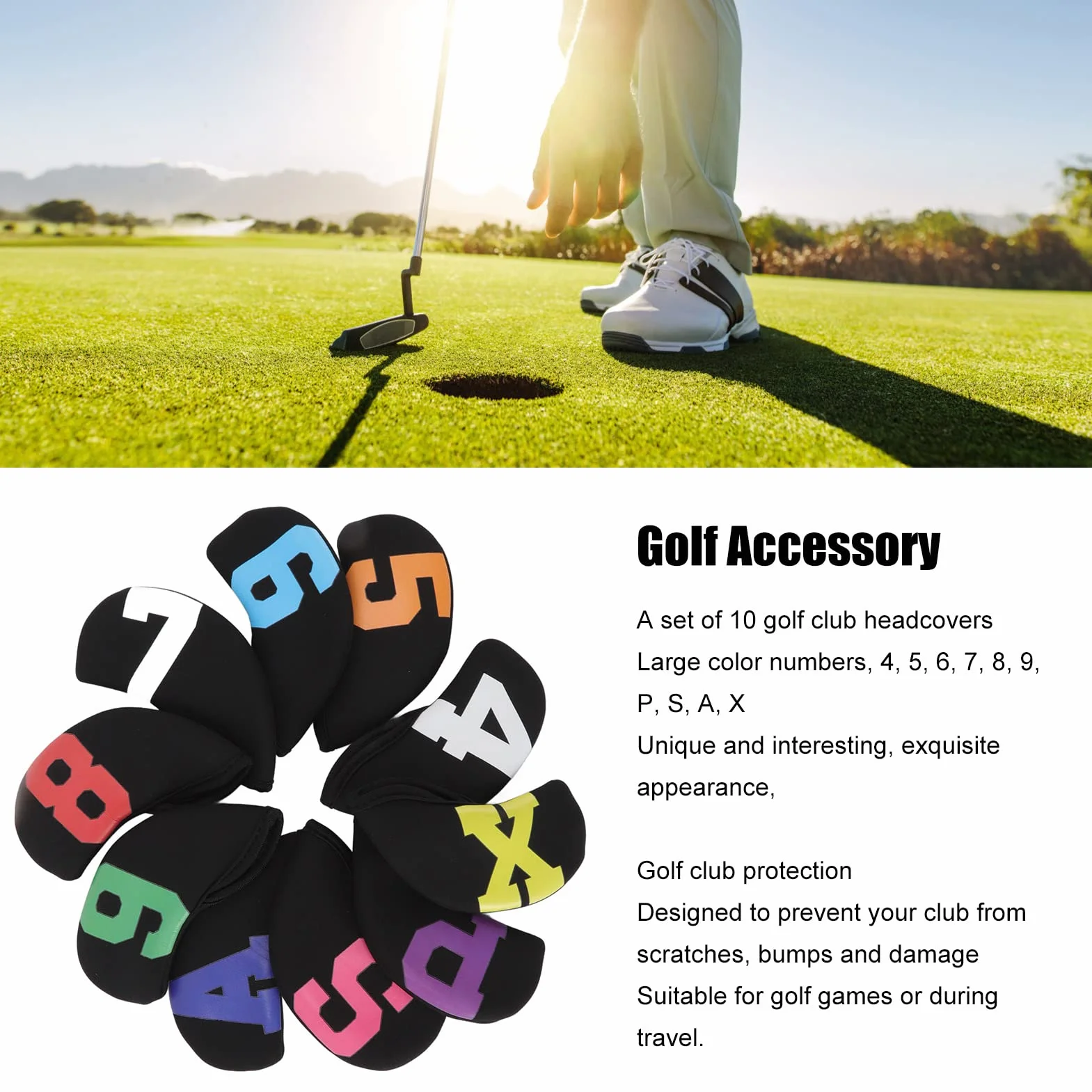 Fundas Premium para Cabezas de Hierro de Golf, Neopreno Impermeable, con Numeración de Colores, 10 Uds. (Negro)