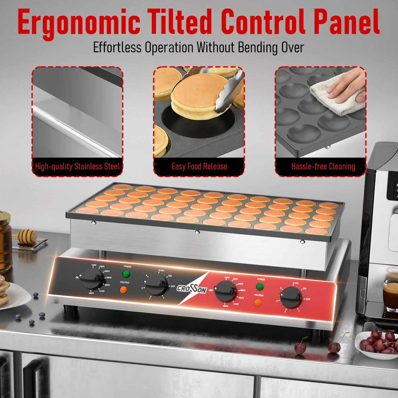 CROSSON Maquina para 50 Mini Pancakes 43 mm Diámetro,Mini Máquina para Hacer Panqueques Holandesa con Revestimiento Antiadherente,Temporizador y Temperatura para Tortitas,Dorayaki y Poffertjes