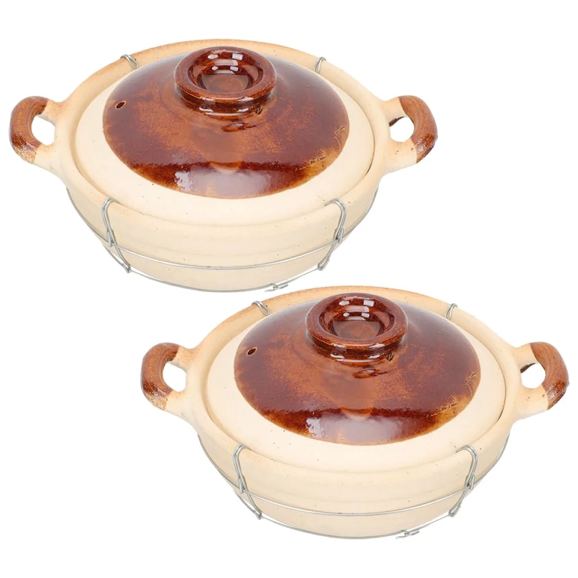 PLAFOPE Cazuela de Barro Redonda 0,5L Mango Seguro y Tapa, Olla Pequeña para Sopa y Guisos, Set de 2 Unidades para Cocina Casera y Porciones Individuales