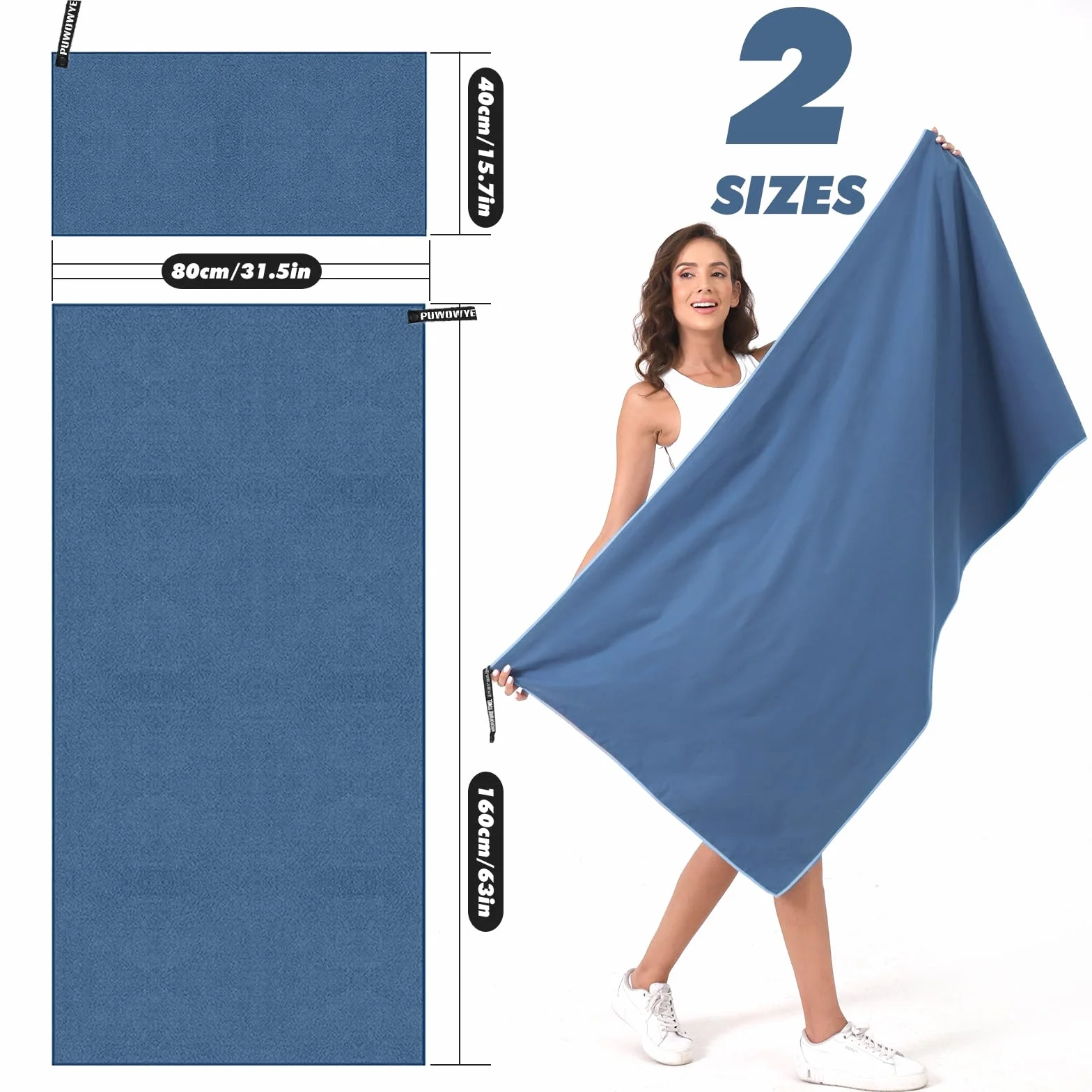 PUWOWYE Toalla Microfibra Set de 2, Toalla de Baño Grande 160x80 cm + Toalla Pequeña 80x40 cm, Toalla Playa Grande de Natacion, Toallas microfibras para el Gym, Viaje y Piscina, Azul