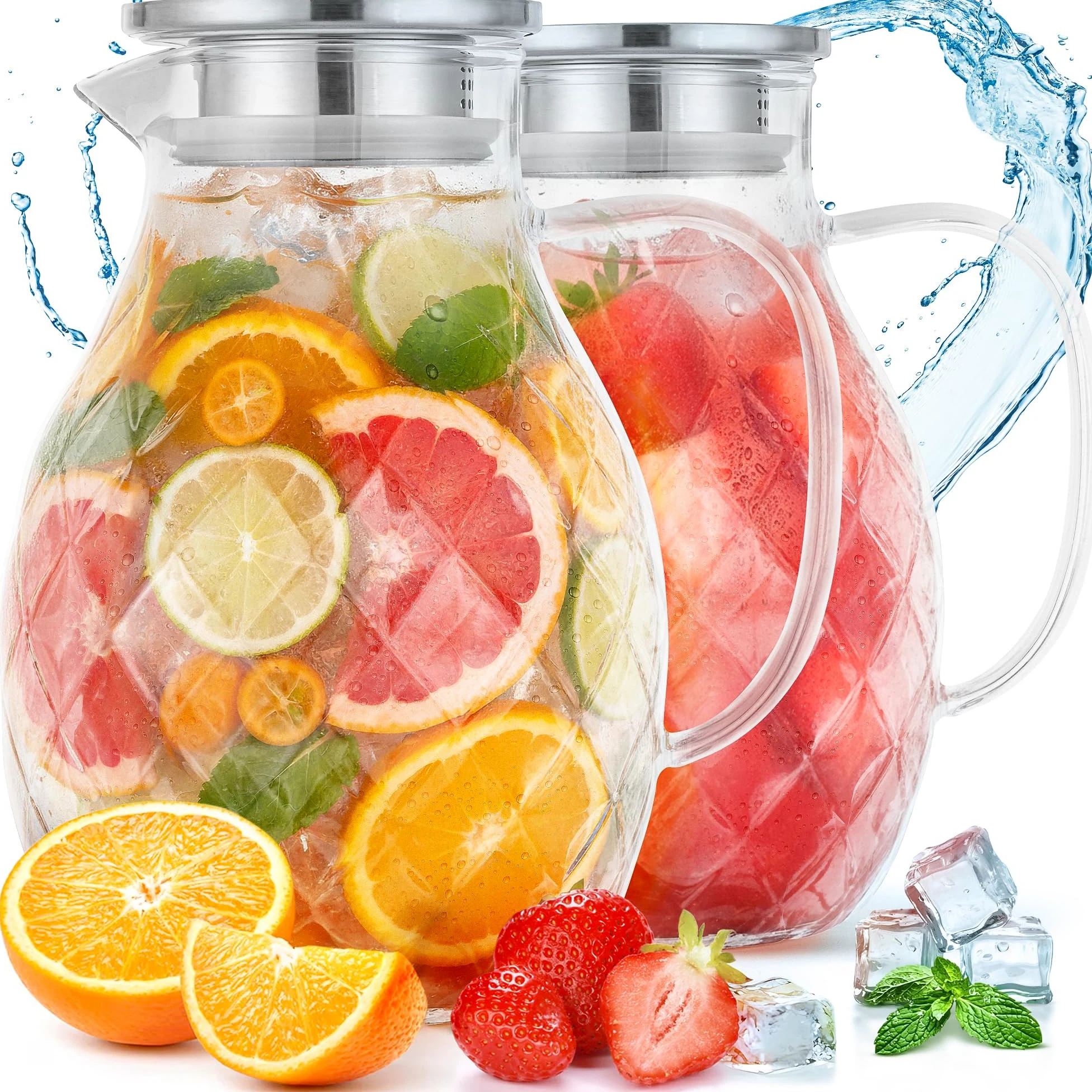 Premium Jarra de Vidrio Borosilicato + Tapa + Boquilla - 2 Litros, Pack de 2 - Jarra de Agua de Borosilicato con Asa - Jarra para Bebidas Calientes/Frías - Jarra para Té Helado