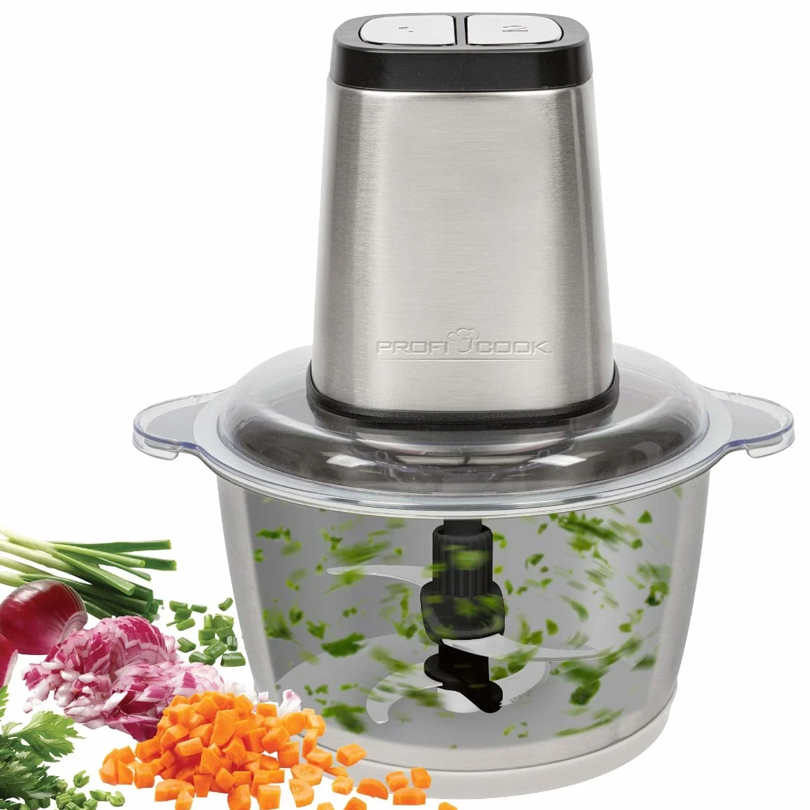 ProfiCook PC-MZ 1227 - Picadora eléctrica con función de trituración de hielo, cortador de verduras, recipiente de acero inoxidable de 1,7 l, cuchillo combinado para 2 o 4 cuchillas