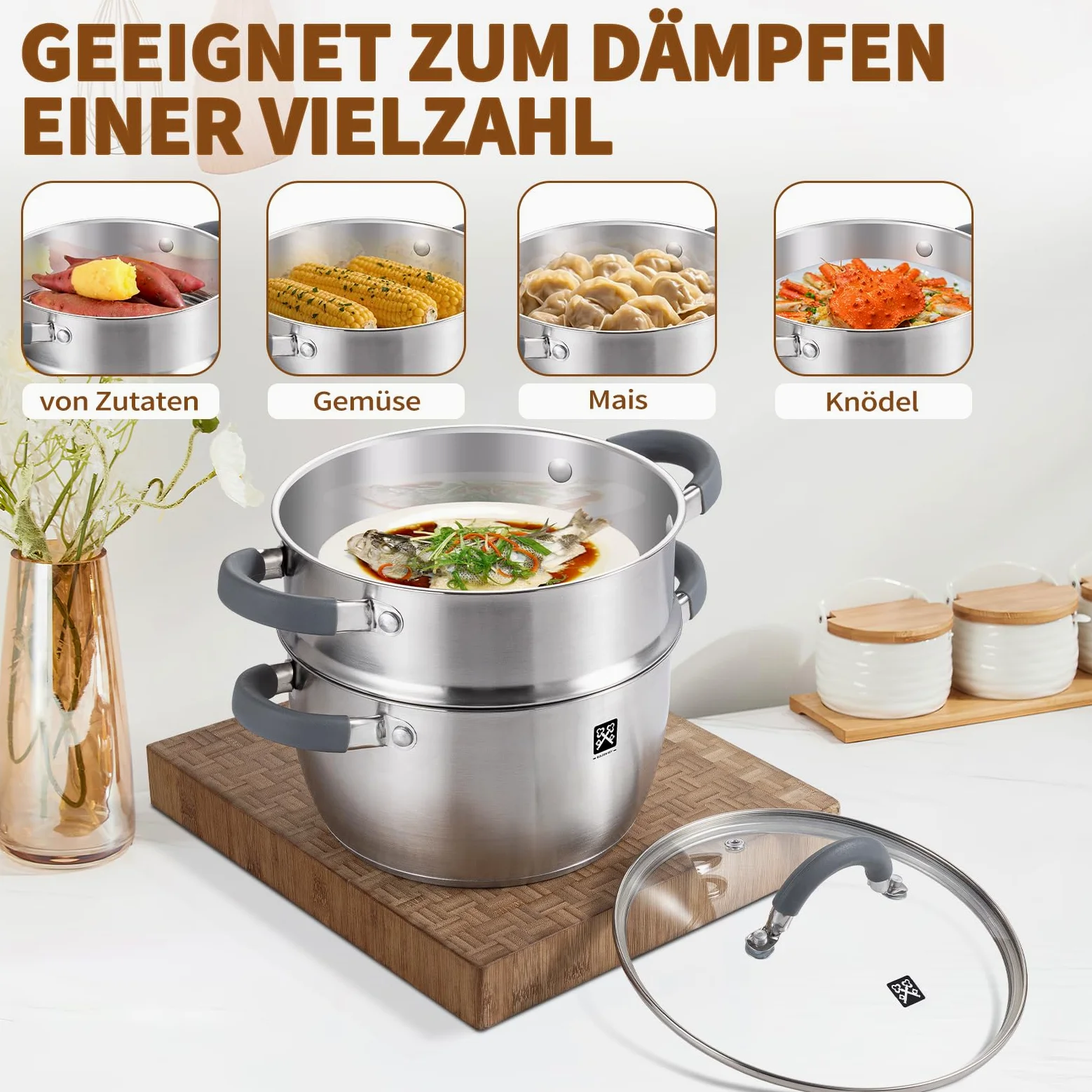 Olla de vapor con tapa de cristal de 20 cm, olla de vapor de acero inoxidable de 3 l, incluye cesta de vapor, inducción, vapor, vapor, olla de cuscús, apta para verduras, sopas, albóndigas, horno y