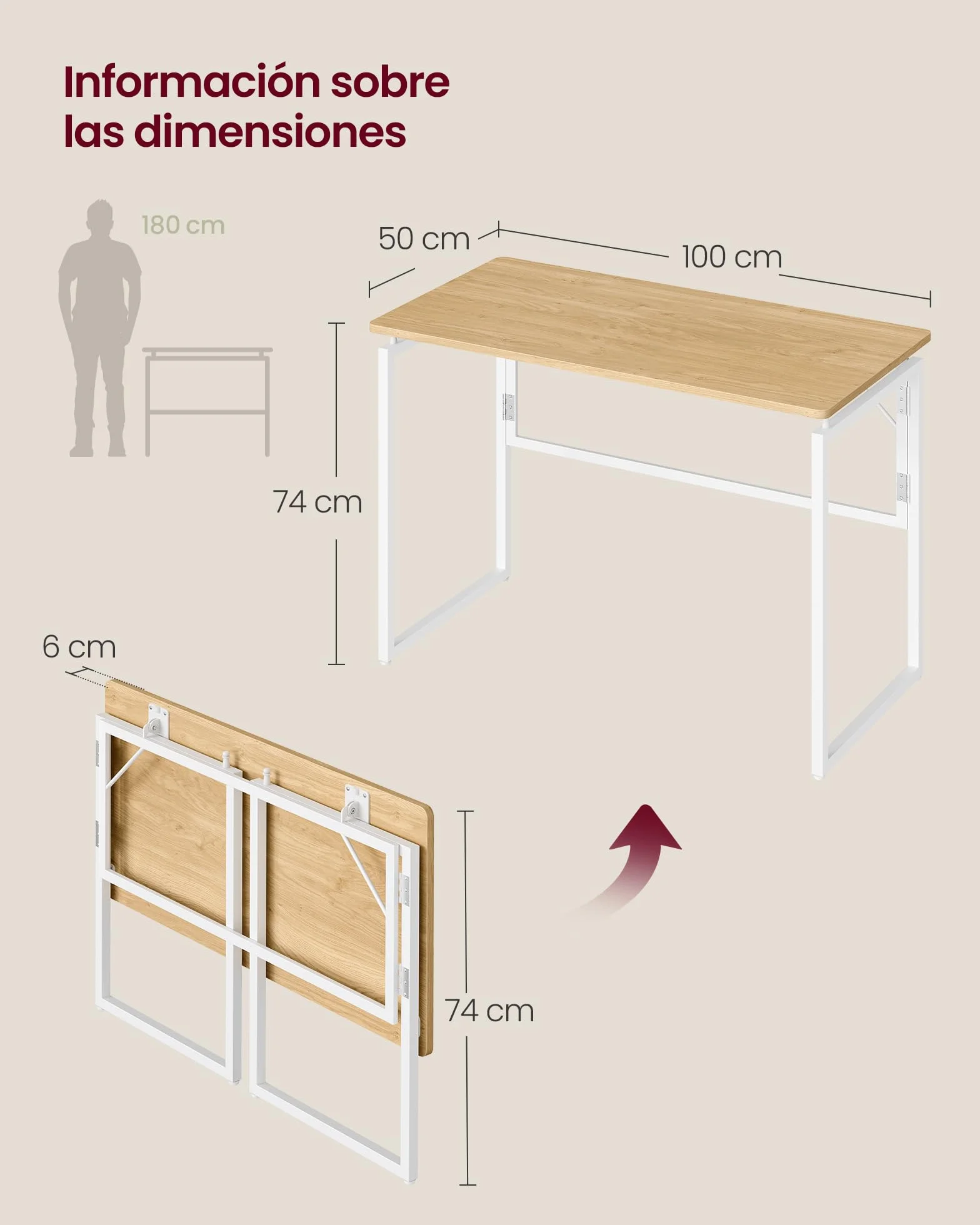 VASAGLE Mesa Plegable, Escritorio Plegable, Tablero de una Pieza, Bordes Redondeados, para Dormitorio, Balcón o Camping, Fácil Montaje, 100 x 50 cm, Roble Natural LWD152YD01